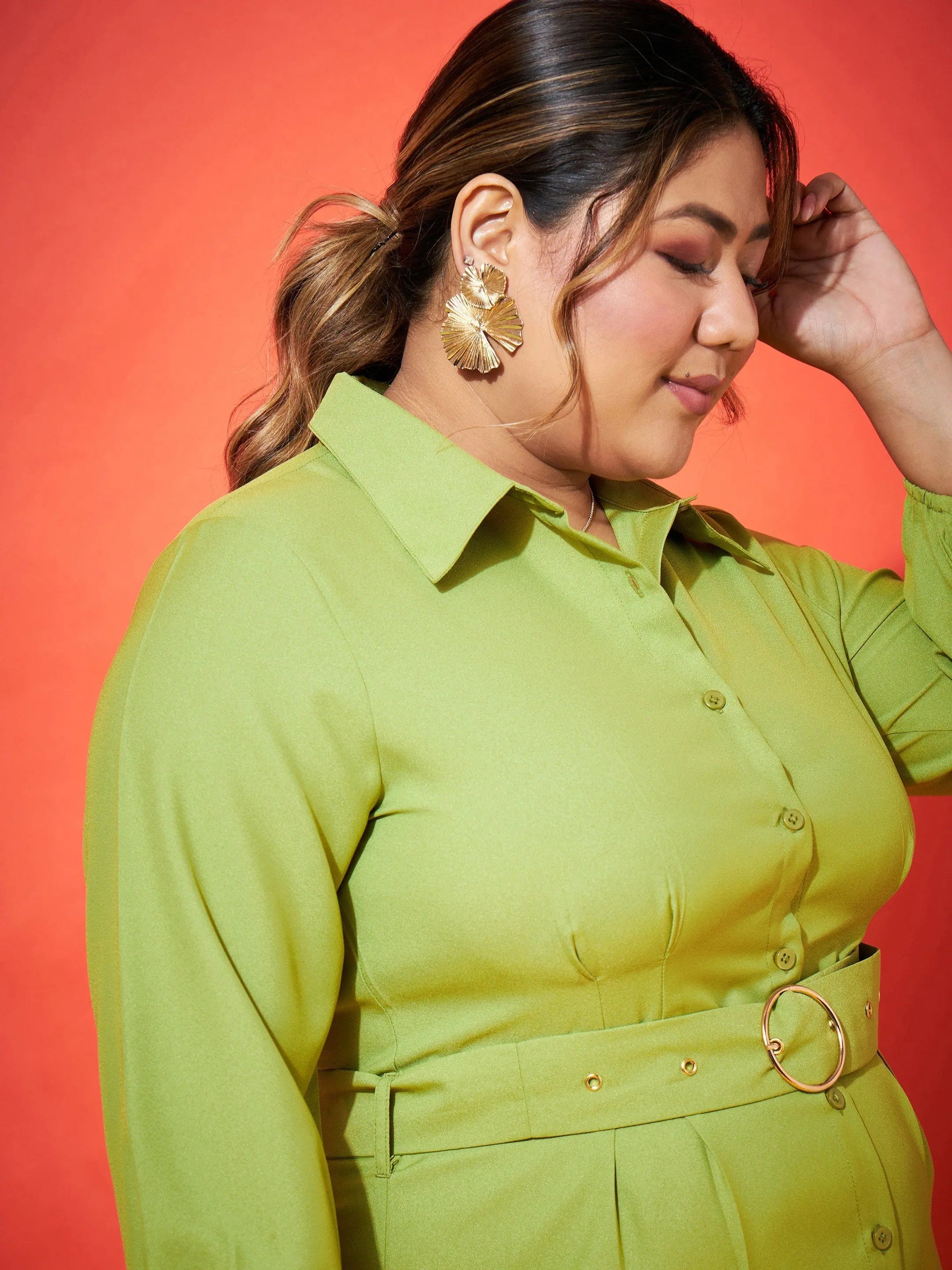 Green Button Shirt Dress | Midi Length Cotton Women's Dress