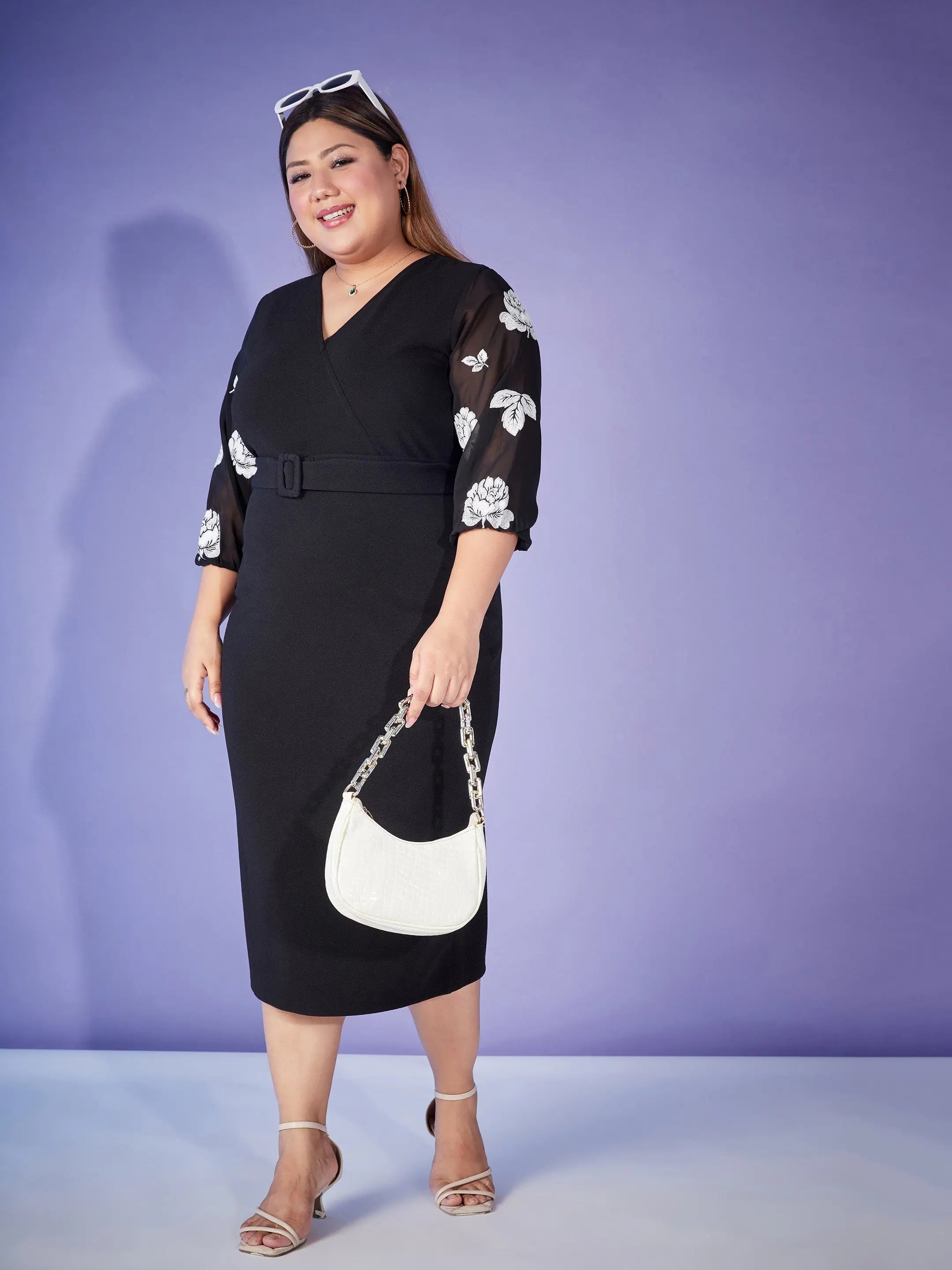 Black Printed Bodycon Dress | Balloon Sleeve Women's Dress