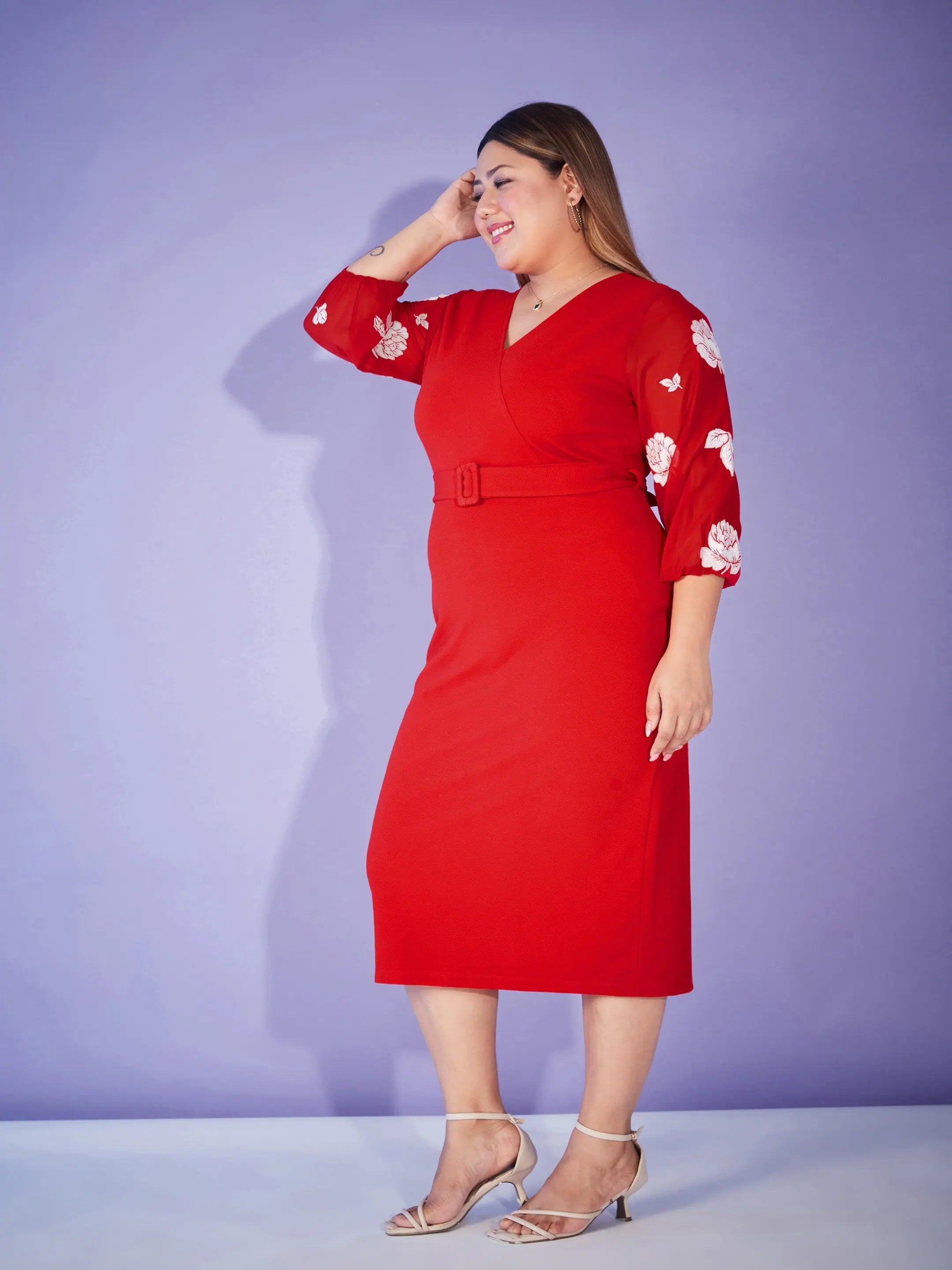 Red Print Bodycon Dress | Balloon Sleeve, Belted Women's Dress