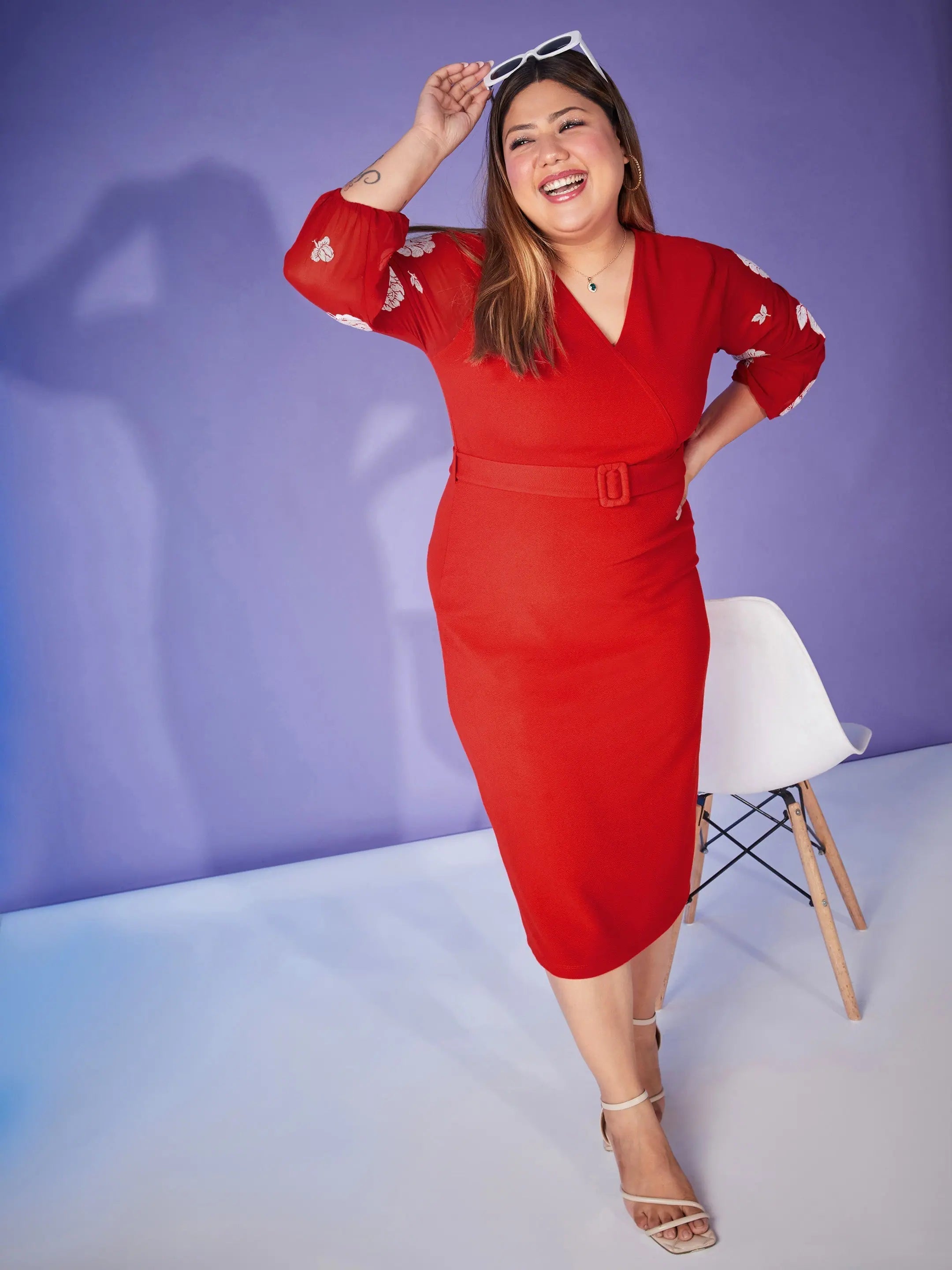 Red Print Bodycon Dress | Balloon Sleeve, Belted Women's Dress