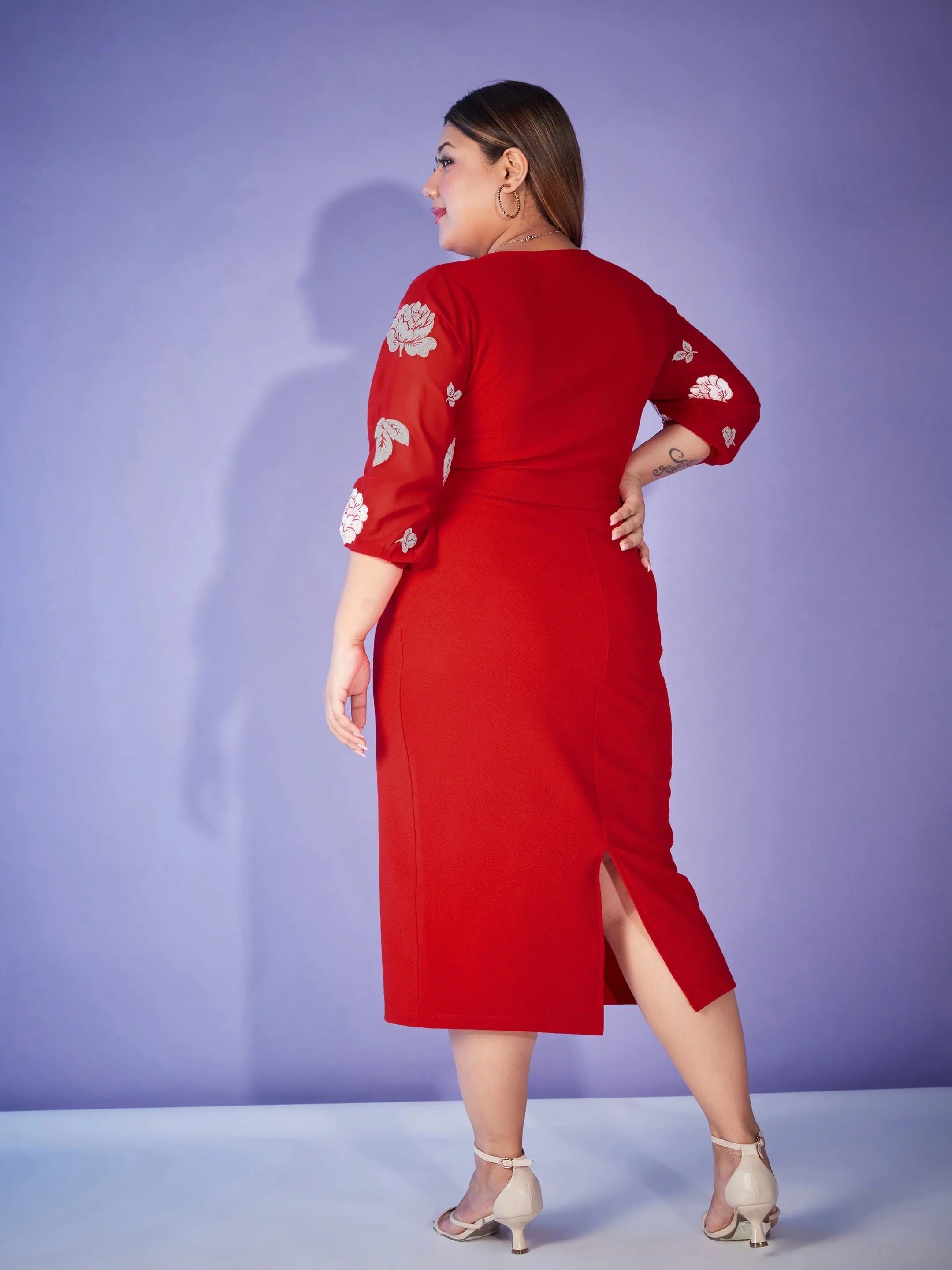 Red Print Bodycon Dress | Balloon Sleeve, Belted Women's Dress