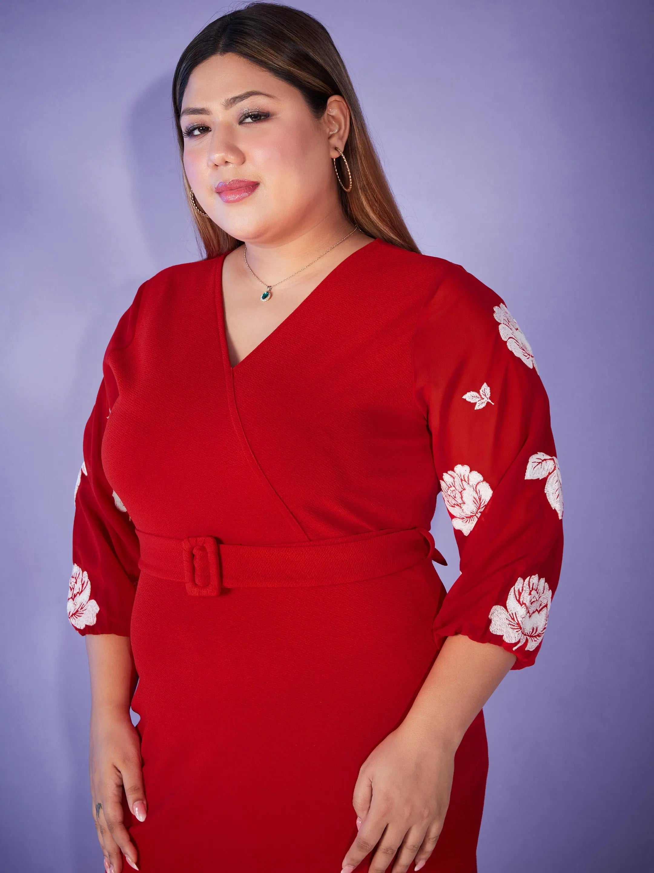 Red Print Bodycon Dress | Balloon Sleeve, Belted Women's Dress