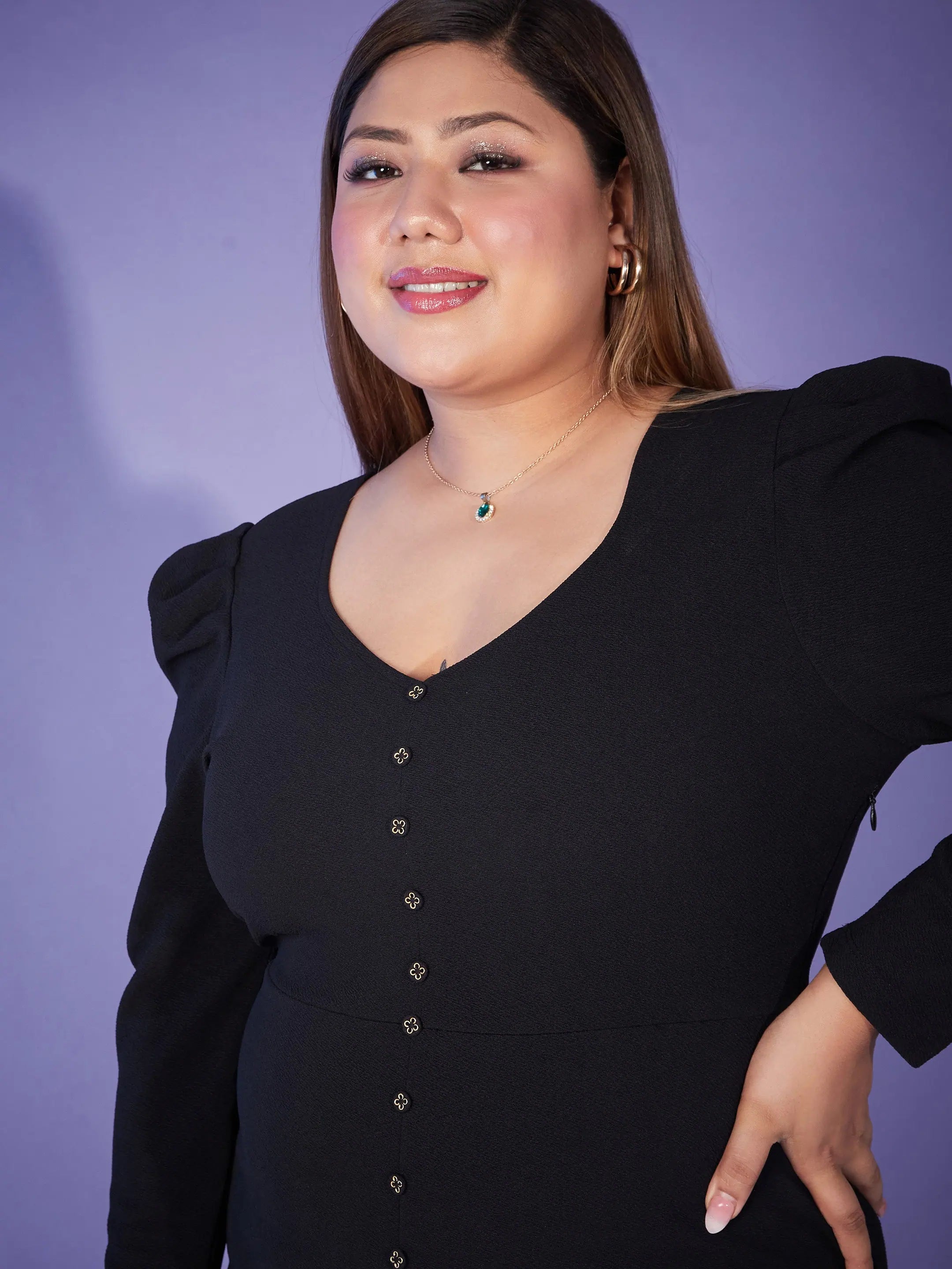 Women's Black Puff Sleeve Bodycon Dress | Designer Lehenga Style