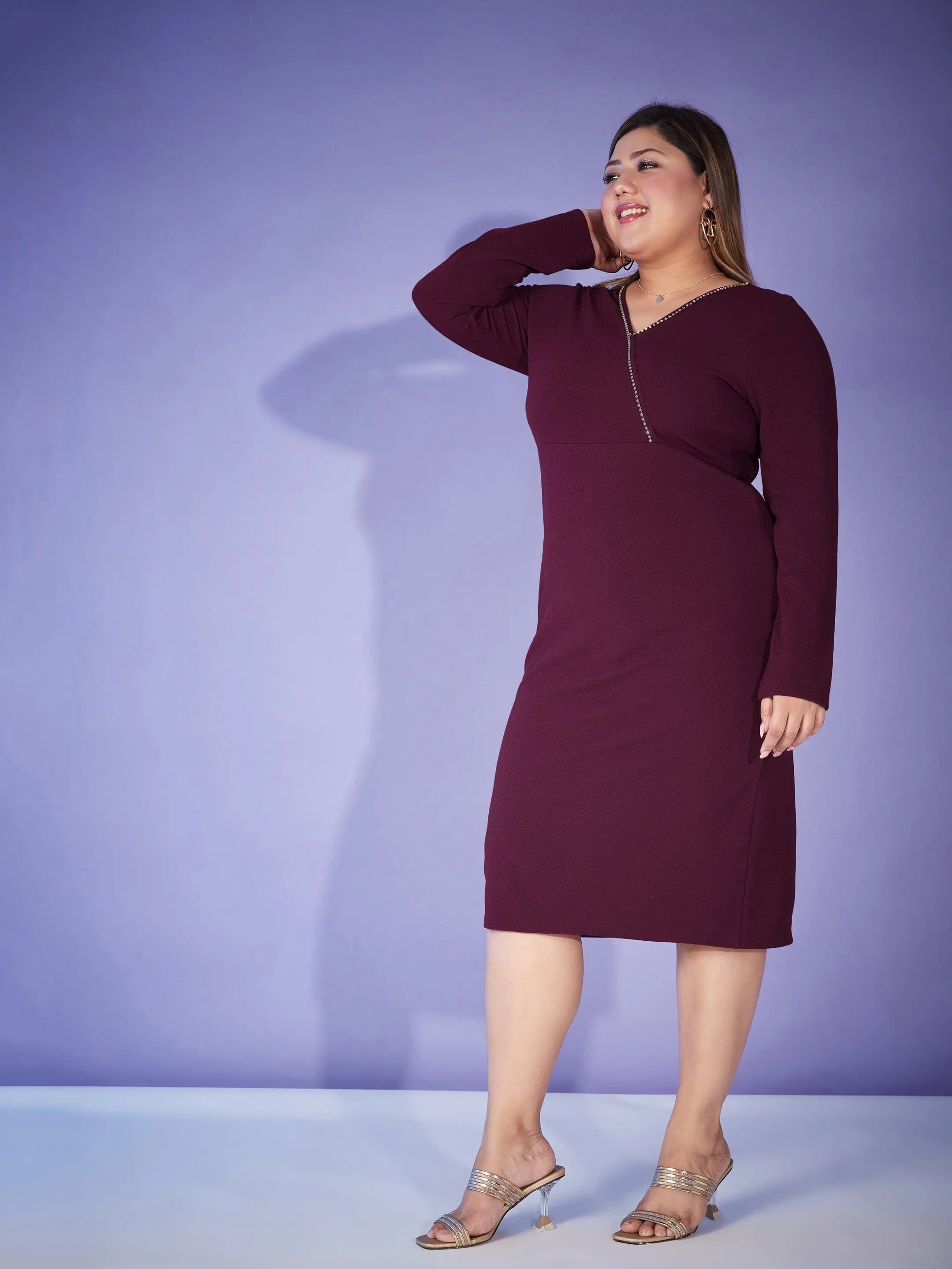 Burgundy Chain Bodycon Dress - Women's Wedding Lehenga Style