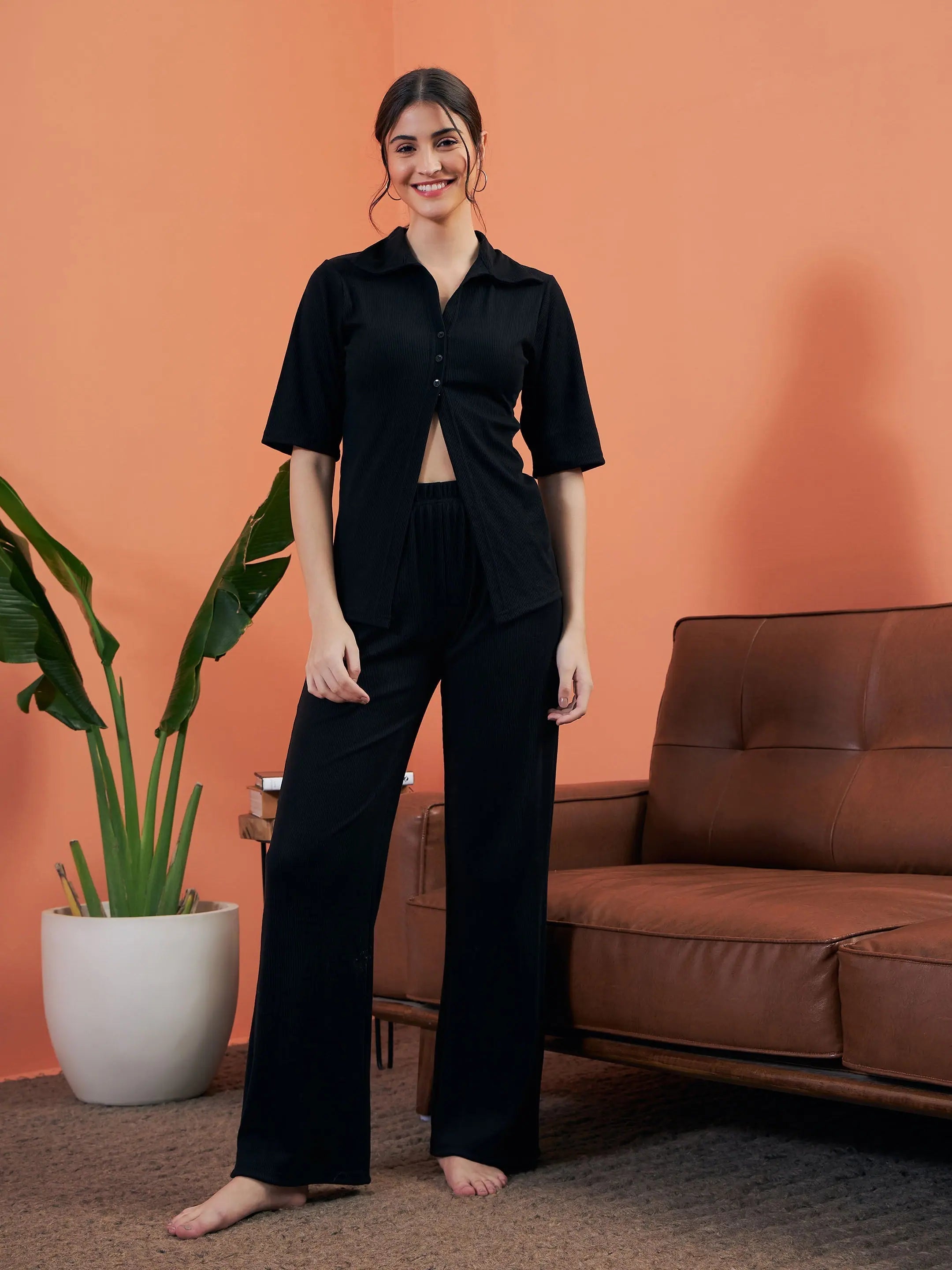 Black Rib Pajama Set: Women's Sleepwear & Lounge Pants