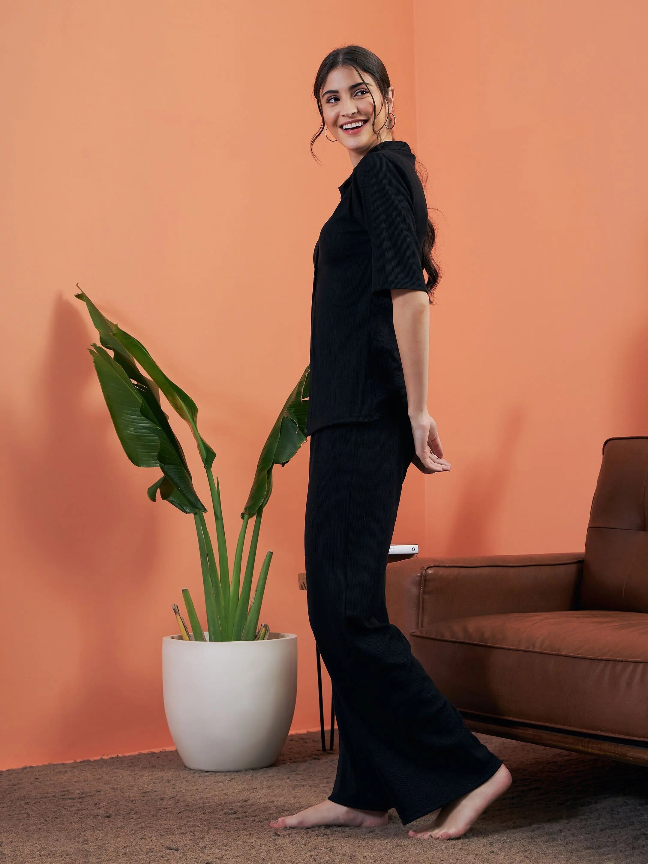Black Rib Pajama Set: Women's Sleepwear & Lounge Pants