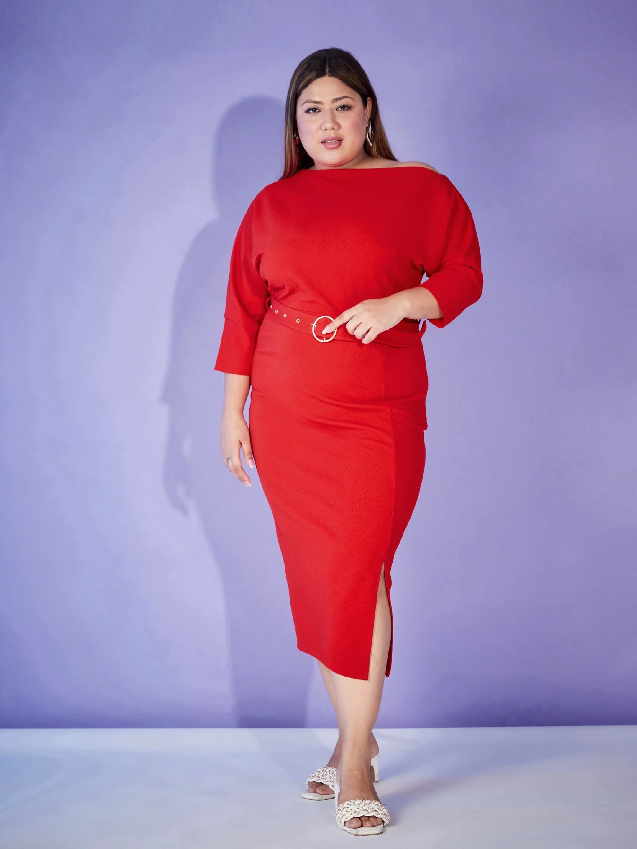 Red Midi Dress: Women's Bodycon with Ring-Belt Detail