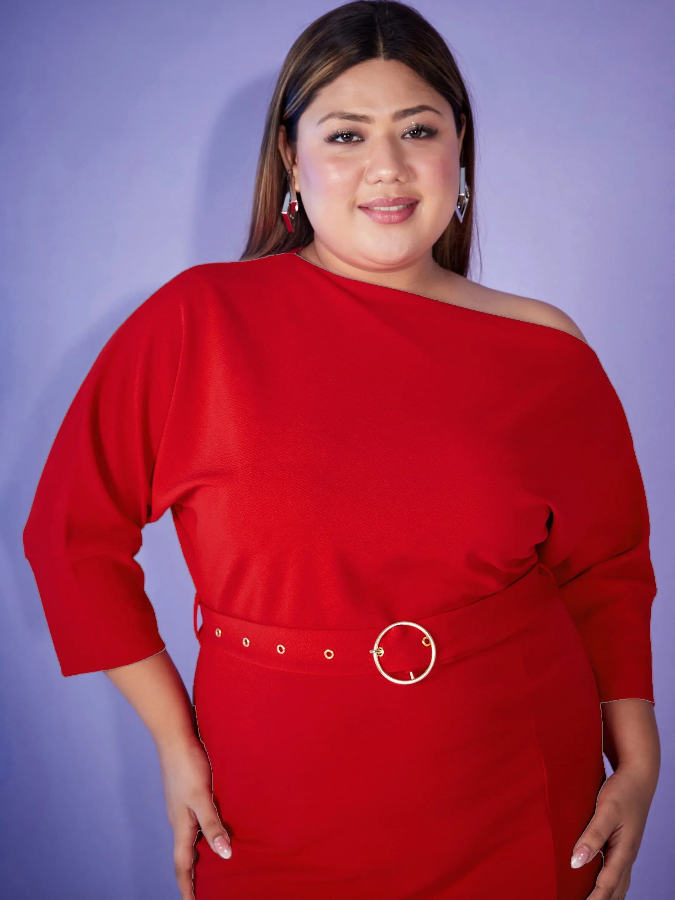 Red Midi Dress: Women's Bodycon with Ring-Belt Detail