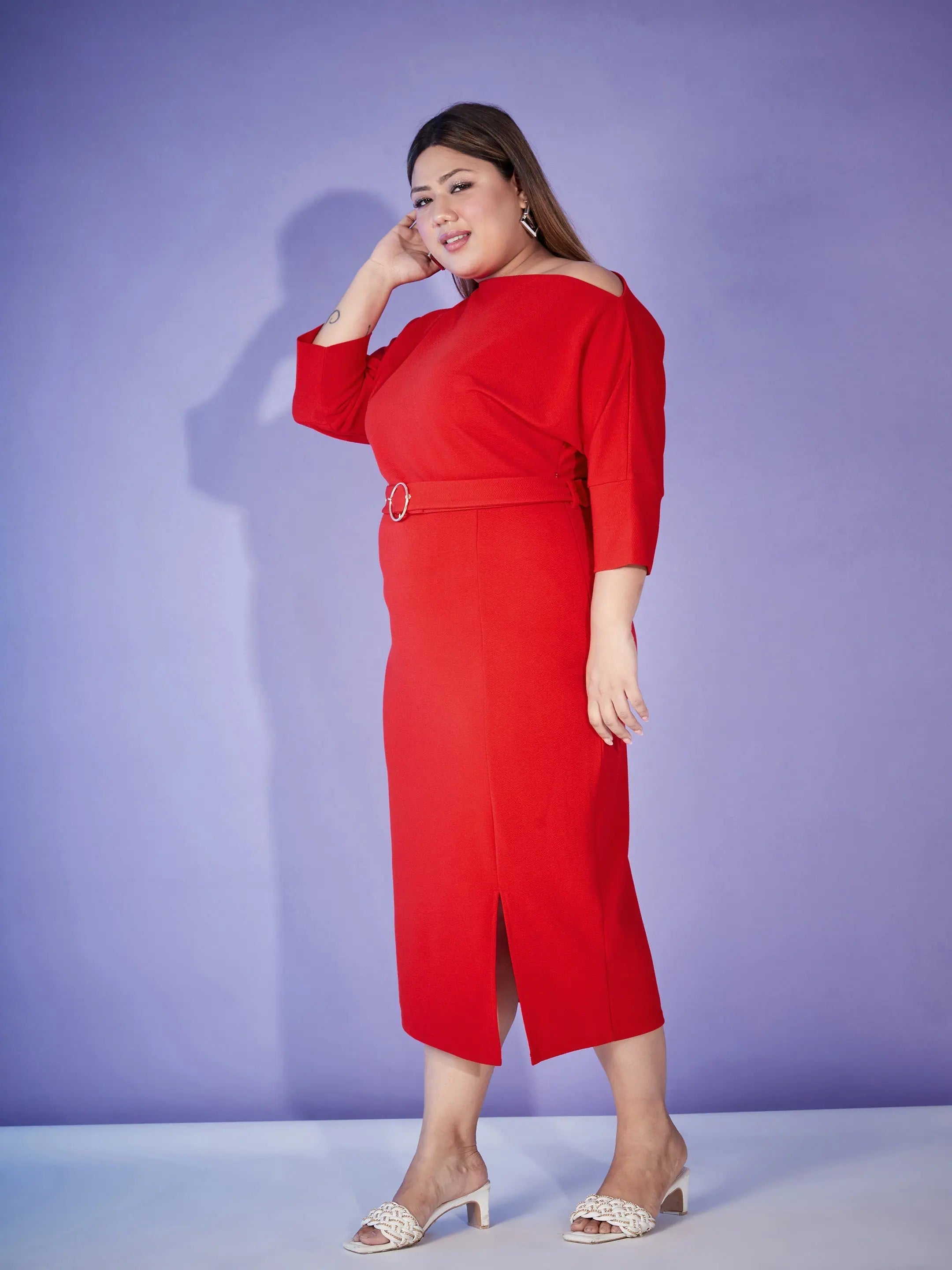 Red Midi Dress: Women's Bodycon with Ring-Belt Detail