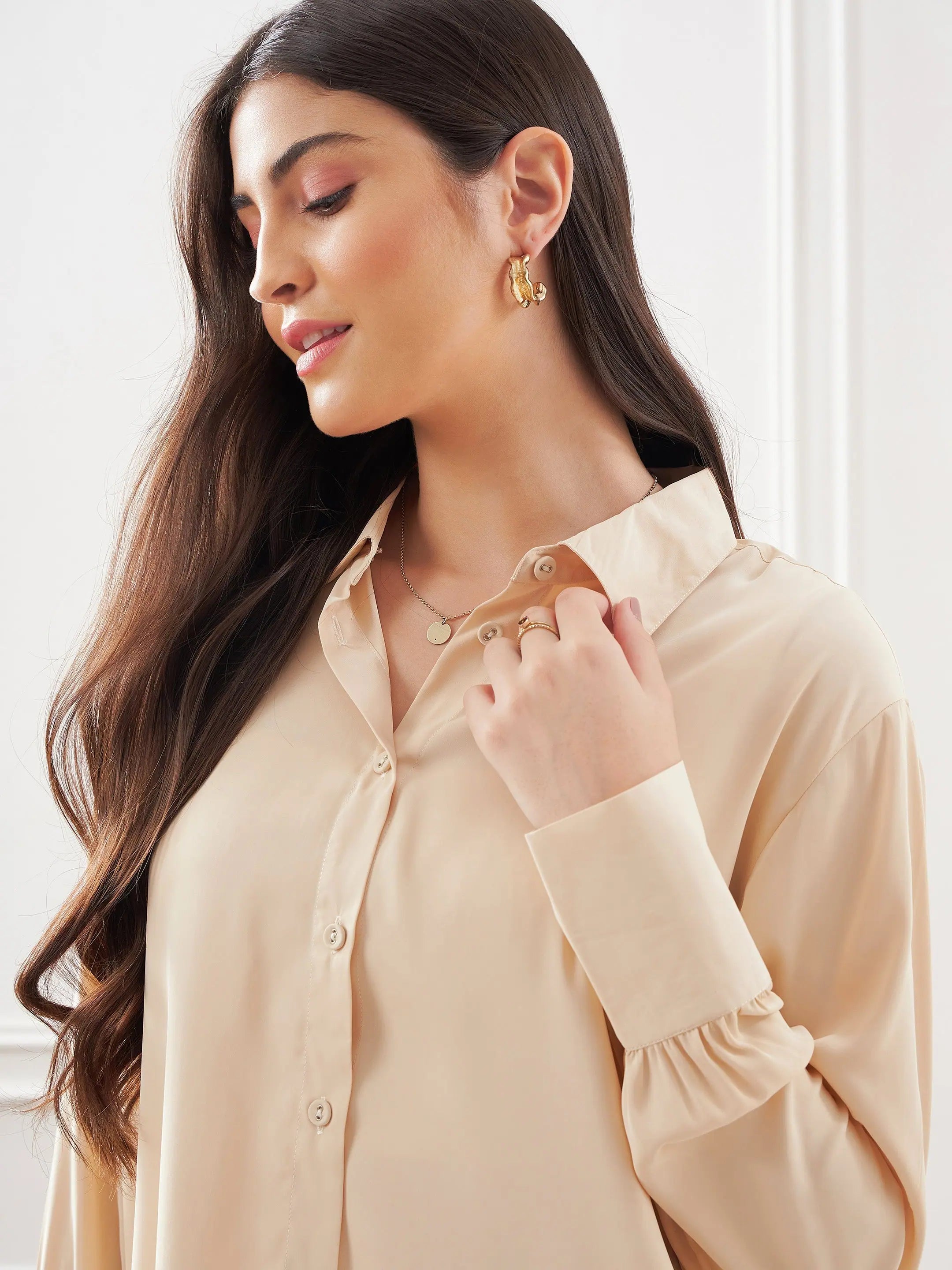 Beige Satin Shirt & Lounge Pants Set - Comfort Fit Loungewear