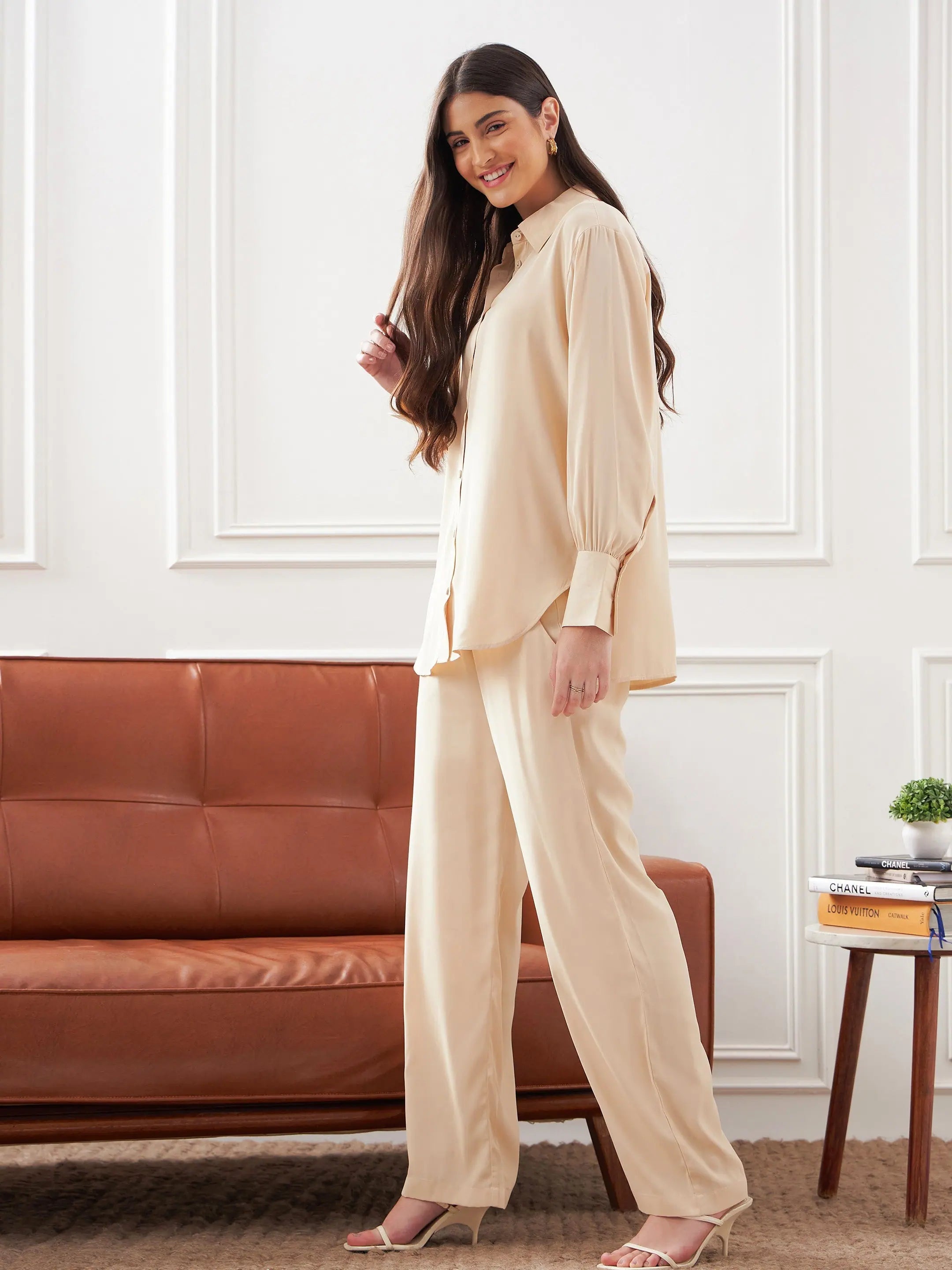 Beige Satin Shirt & Lounge Pants Set - Comfort Fit Loungewear