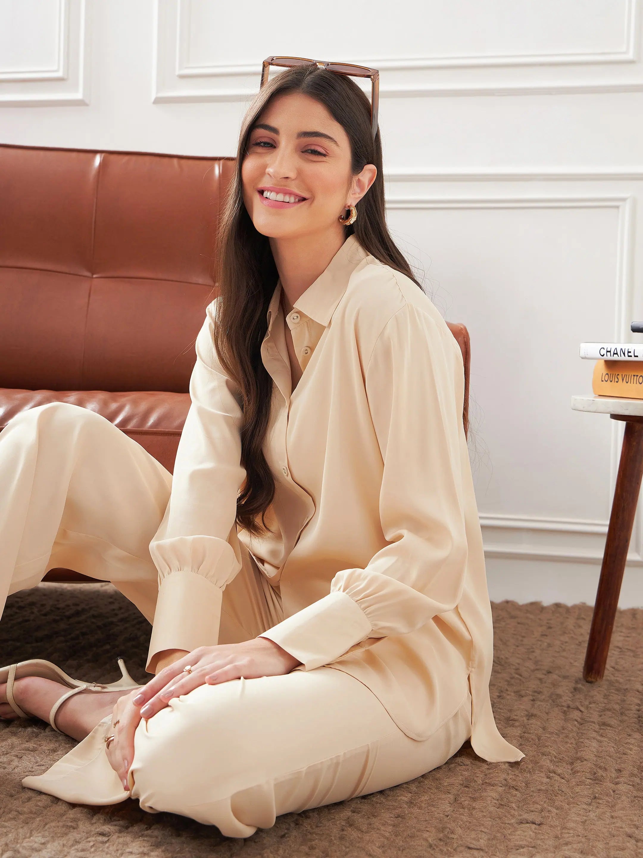 Beige Satin Shirt & Lounge Pants Set - Comfort Fit Loungewear