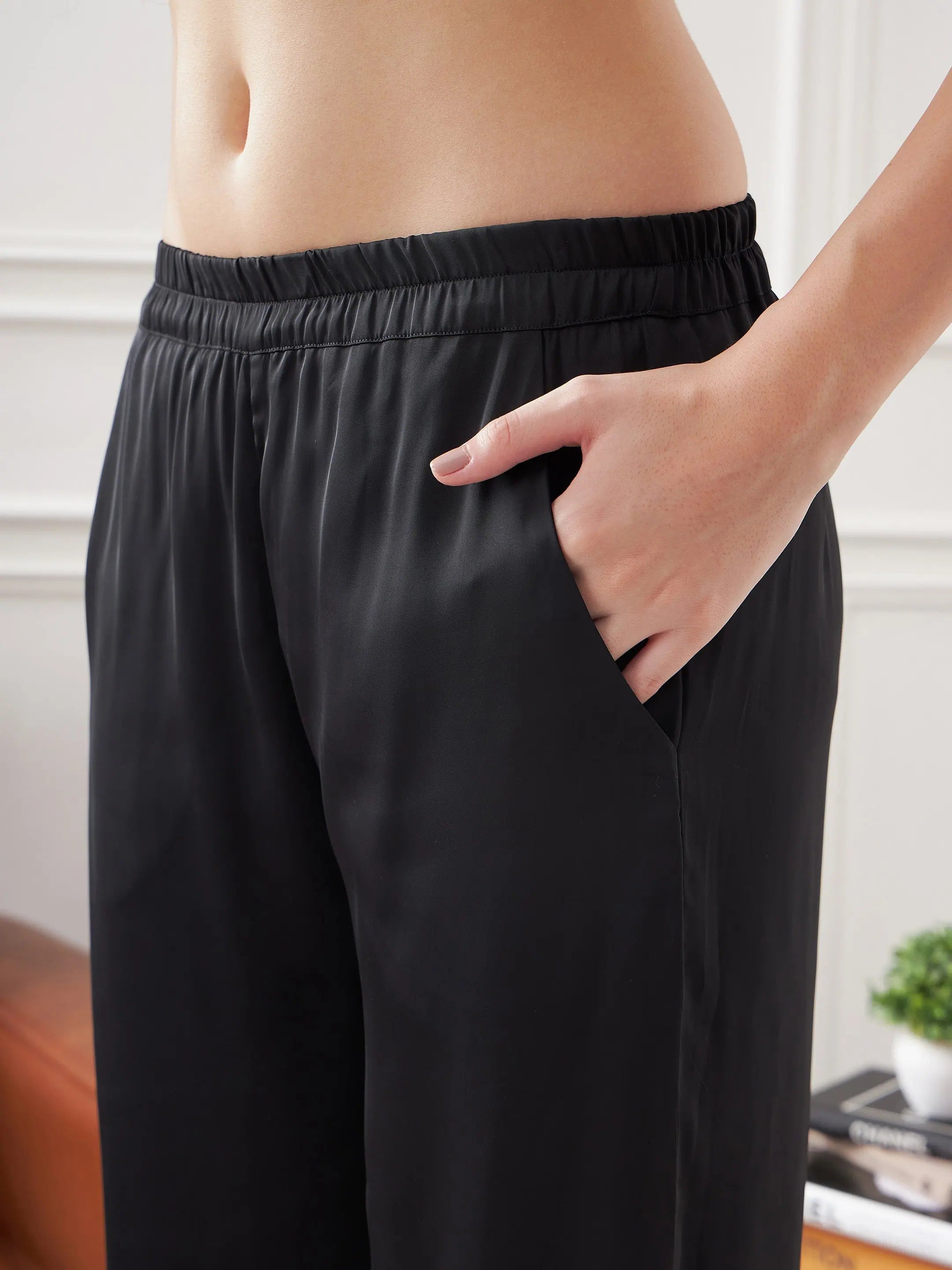 Black Satin Shirt & Lounge Pants Set - Comfort Fit