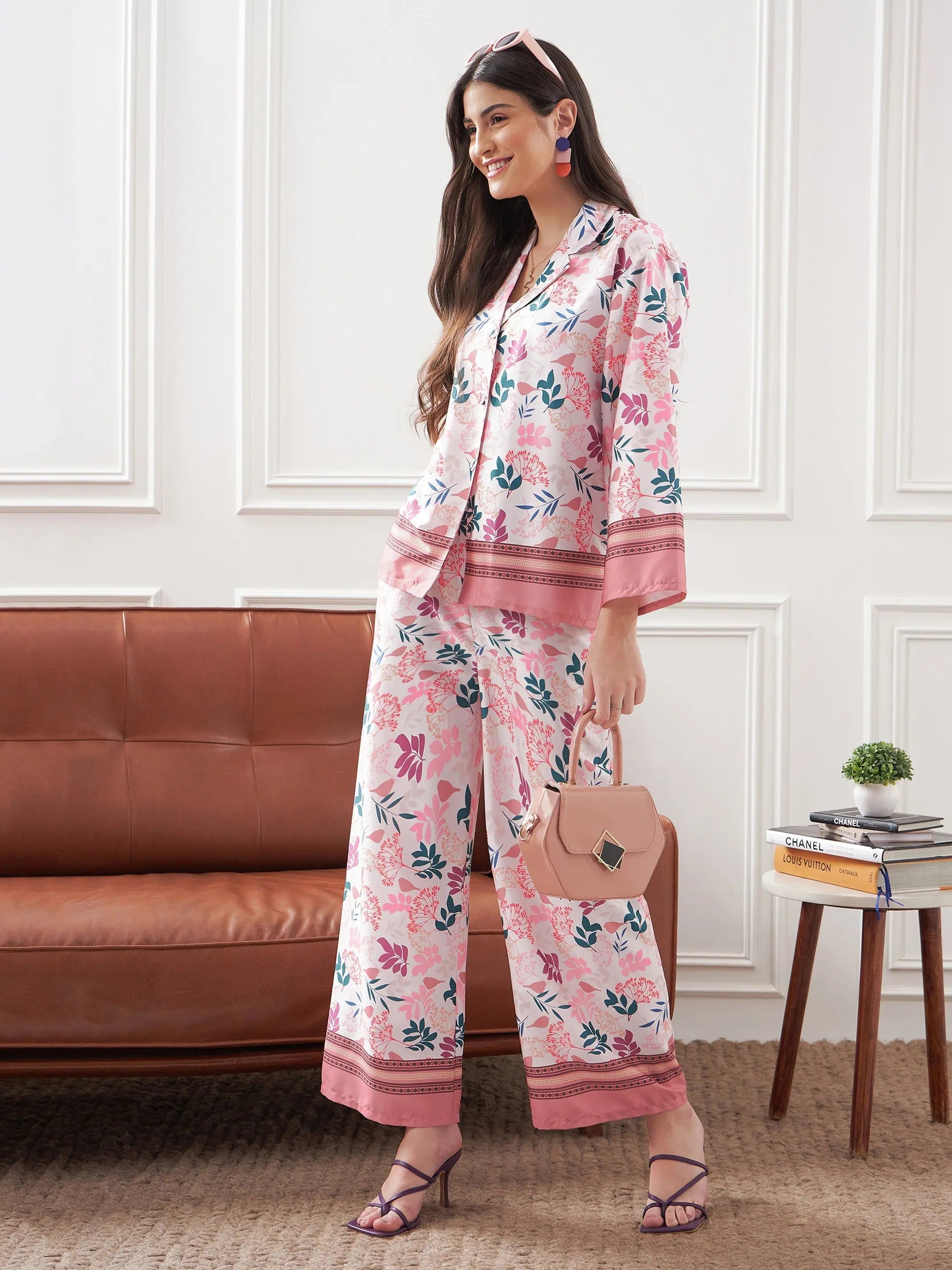 Floral Women's Lounge Set | Off White & Mauve Shirt & Pants