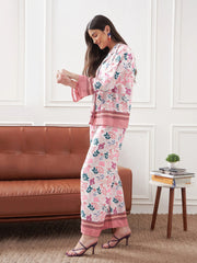 Women Off White & Mauve Floral Notch Collar Shirt With Lounge Pants