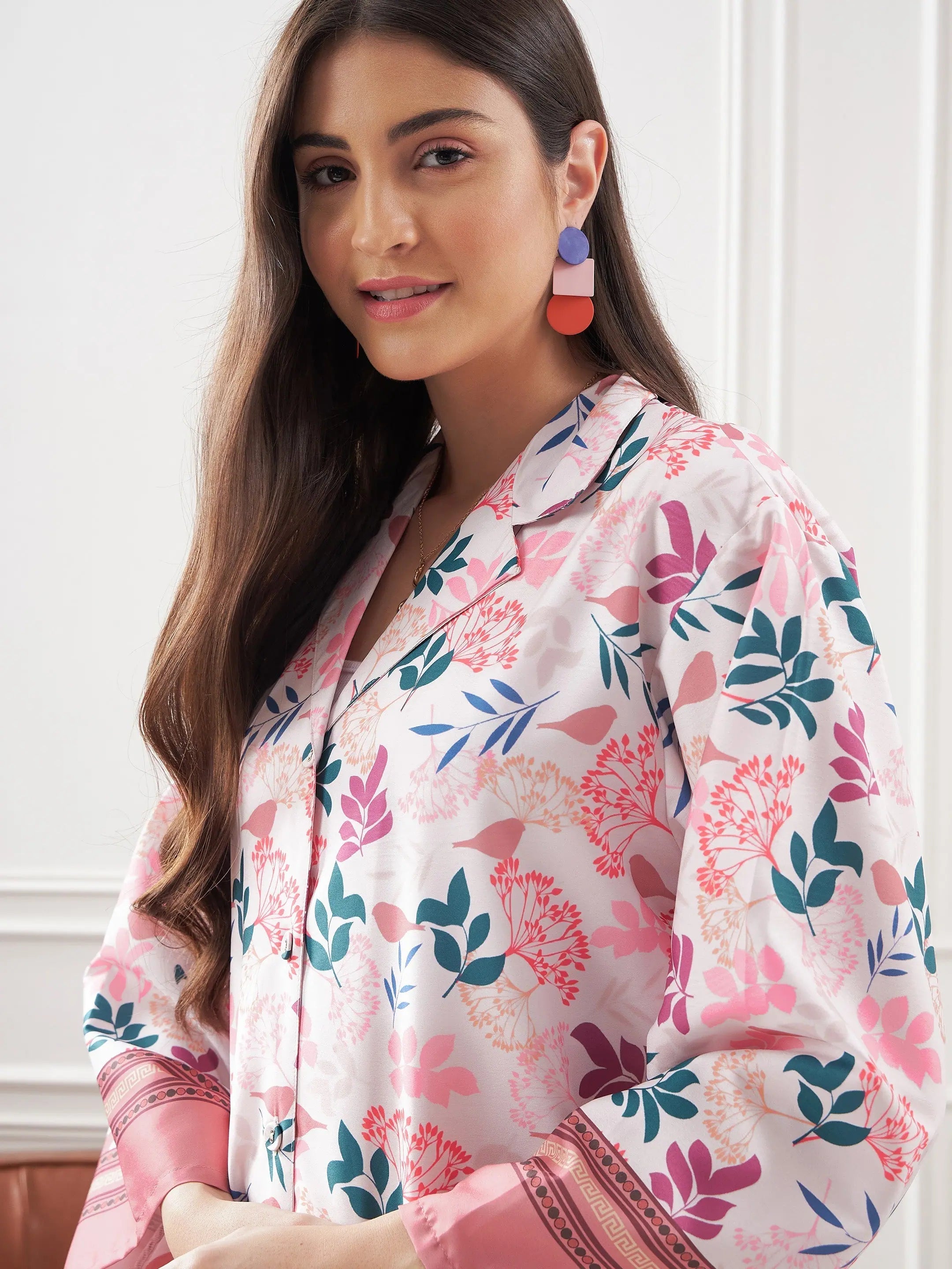 Floral Women's Lounge Set | Off White & Mauve Shirt & Pants