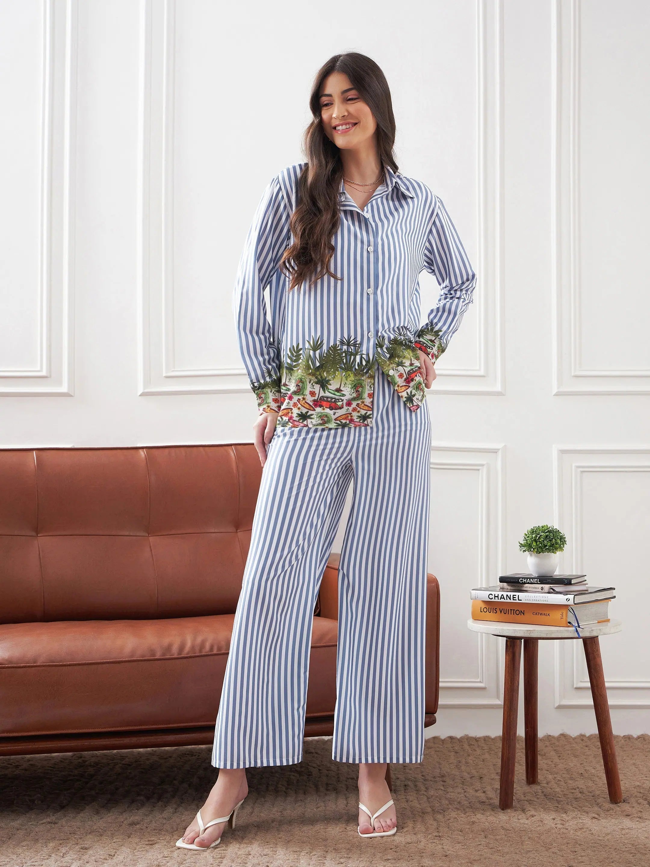 Blue Stripe Women's Lounge Set | Notch Collar Shirt & Pants