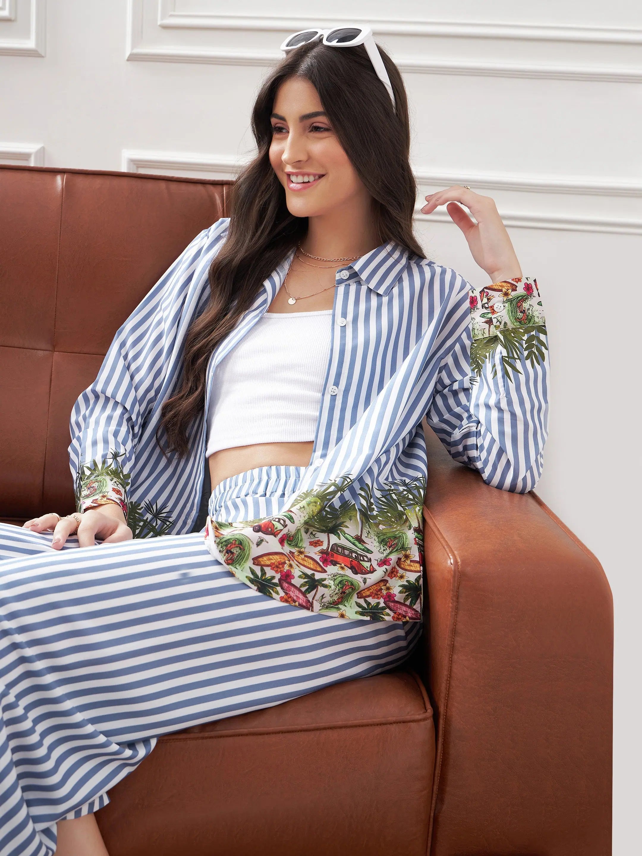 Blue Stripe Women's Lounge Set | Notch Collar Shirt & Pants