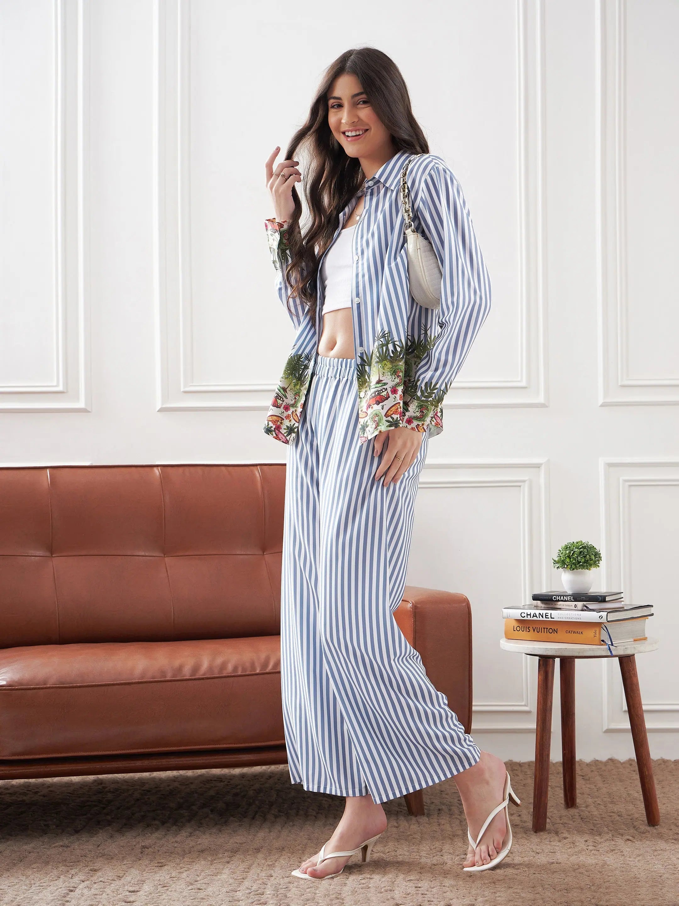 Blue Stripe Women's Lounge Set | Notch Collar Shirt & Pants
