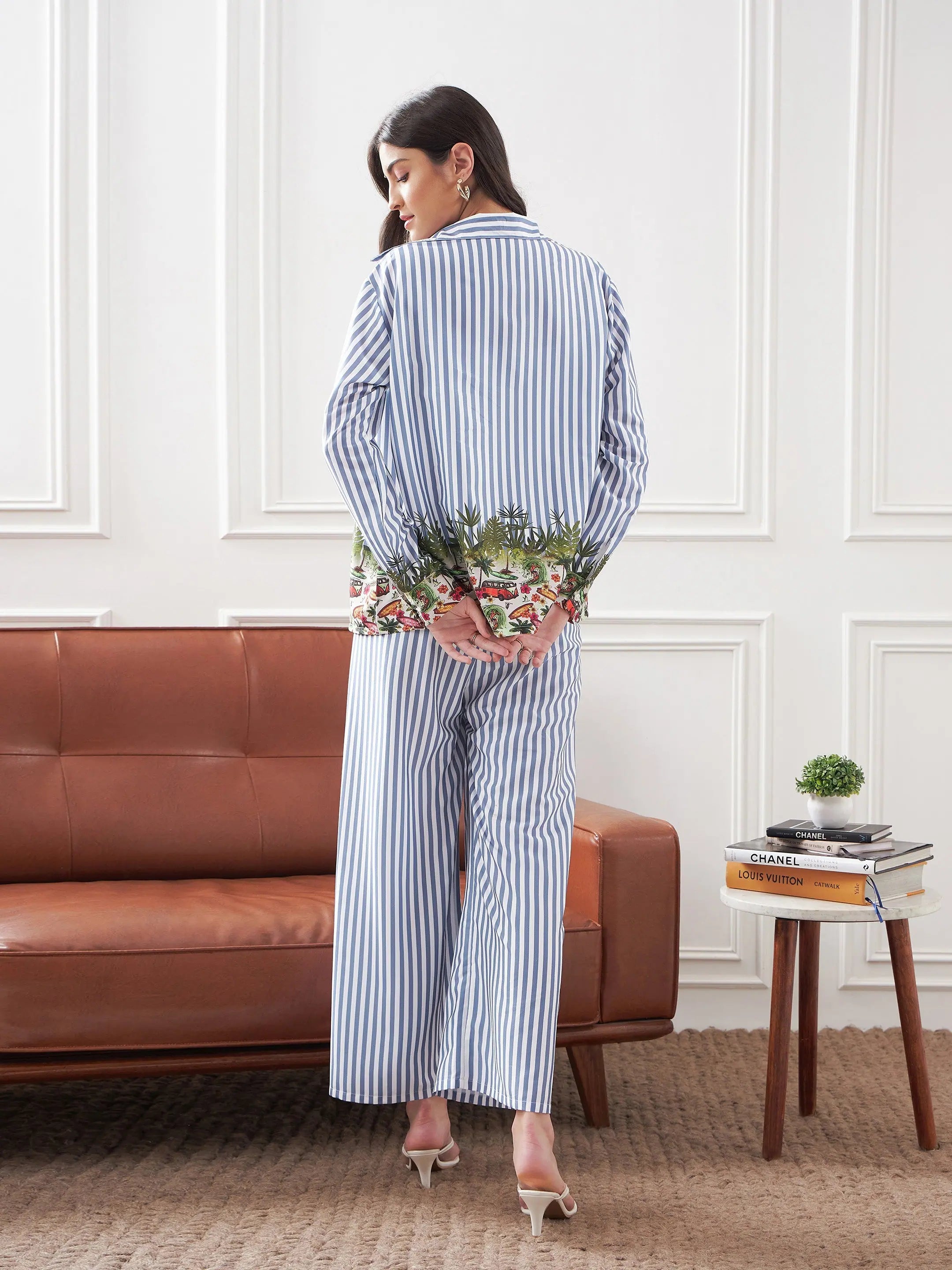 Blue Stripe Women's Lounge Set | Notch Collar Shirt & Pants