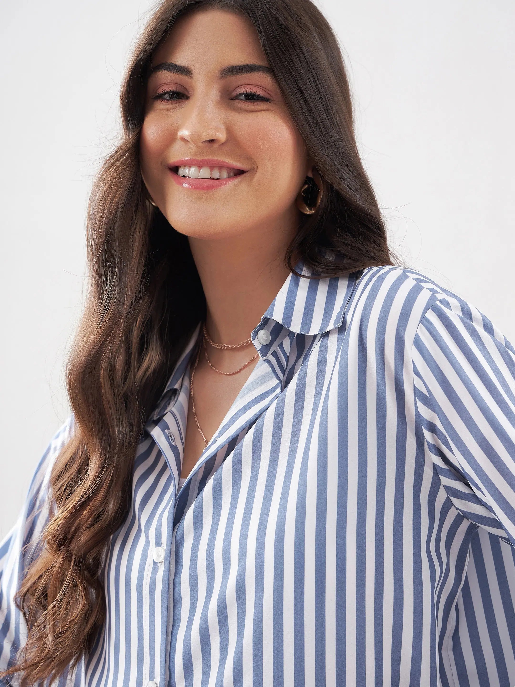 Blue Stripe Women's Lounge Set | Notch Collar Shirt & Pants