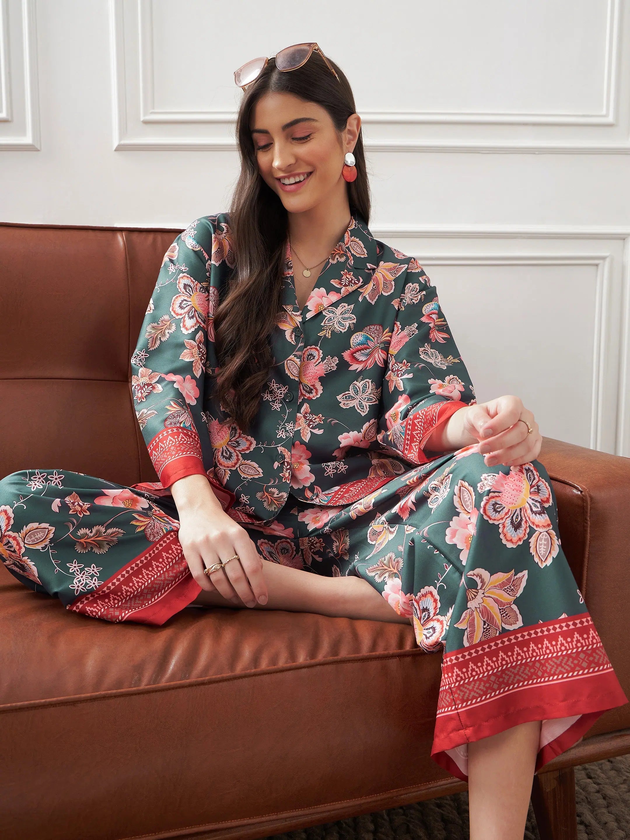 Grey Floral Lounge Set - Women's Notch Collar Shirt & Pants