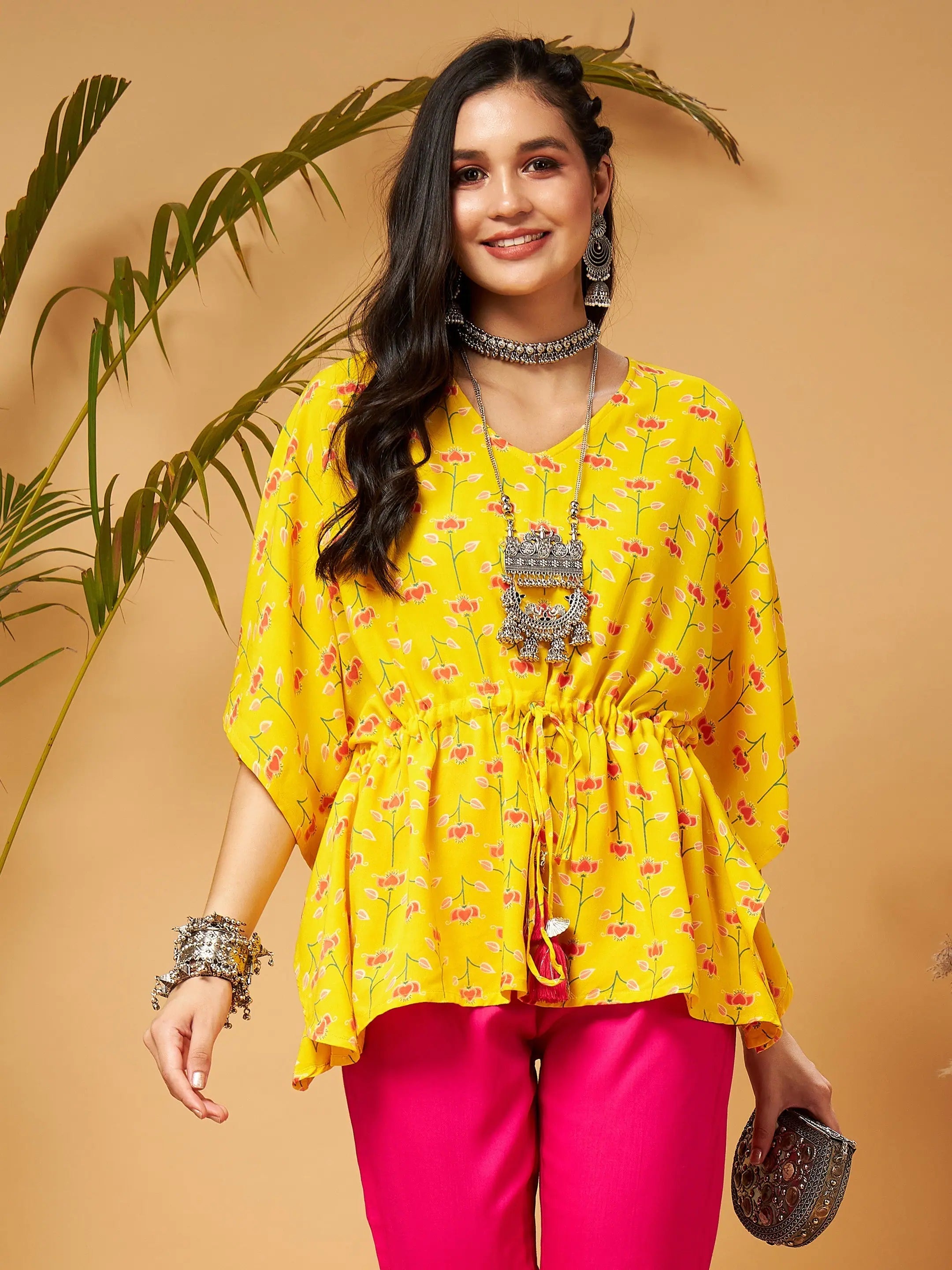 Yellow Floral Short Kurti For Women - Kaftan Indian Top