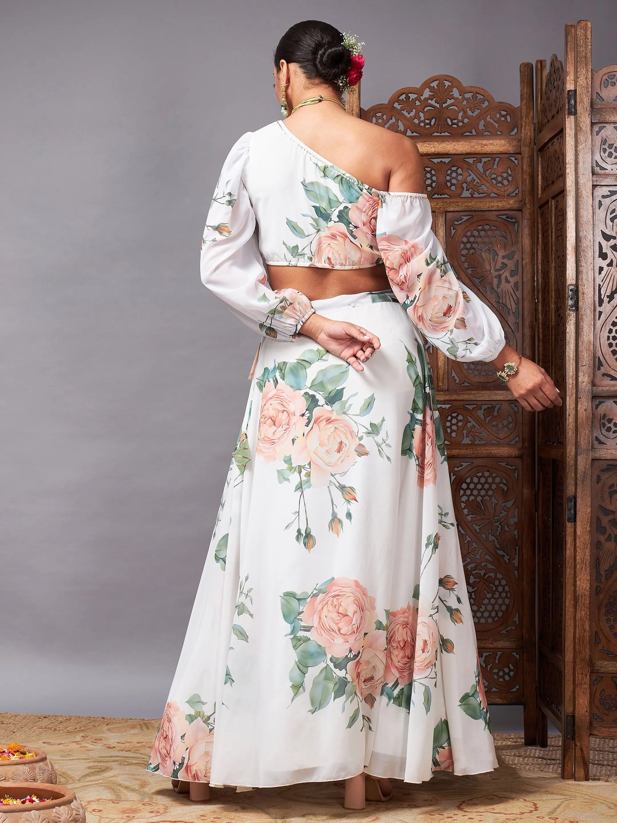 White Floral Crop Top Anarkali Skirt | Women's Designer Lehenga