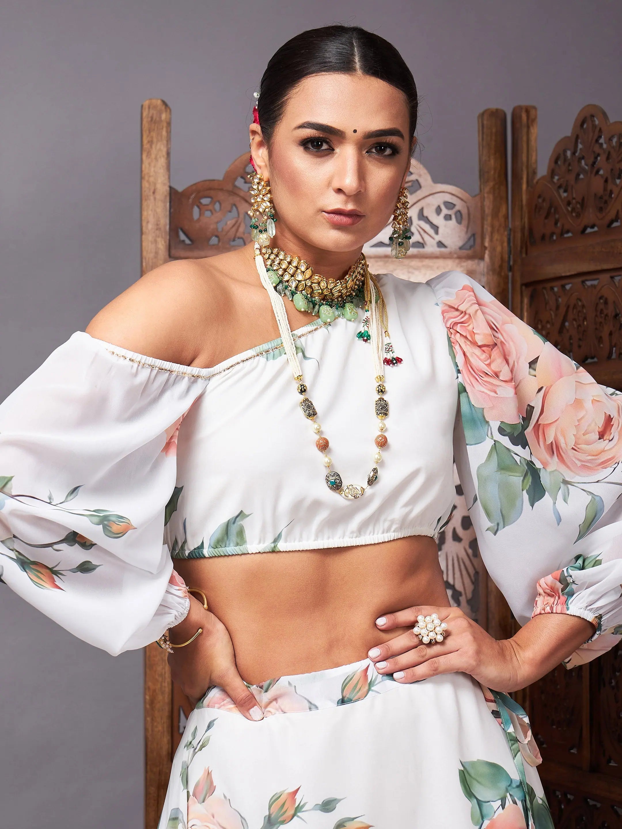 White Floral Crop Top Anarkali Skirt | Women's Designer Lehenga