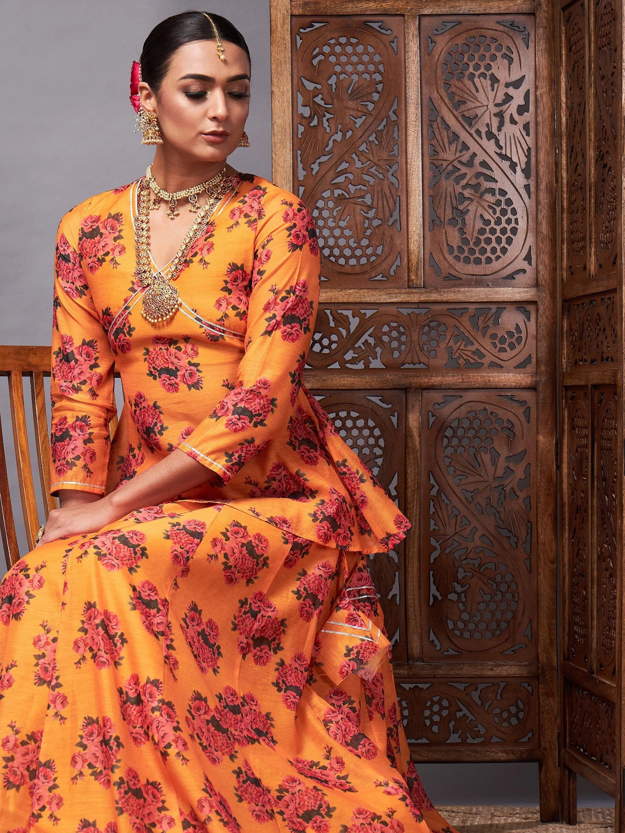 Mustard Floral Peplum & Anarkali Skirt | Women's Ethnic Lehenga
