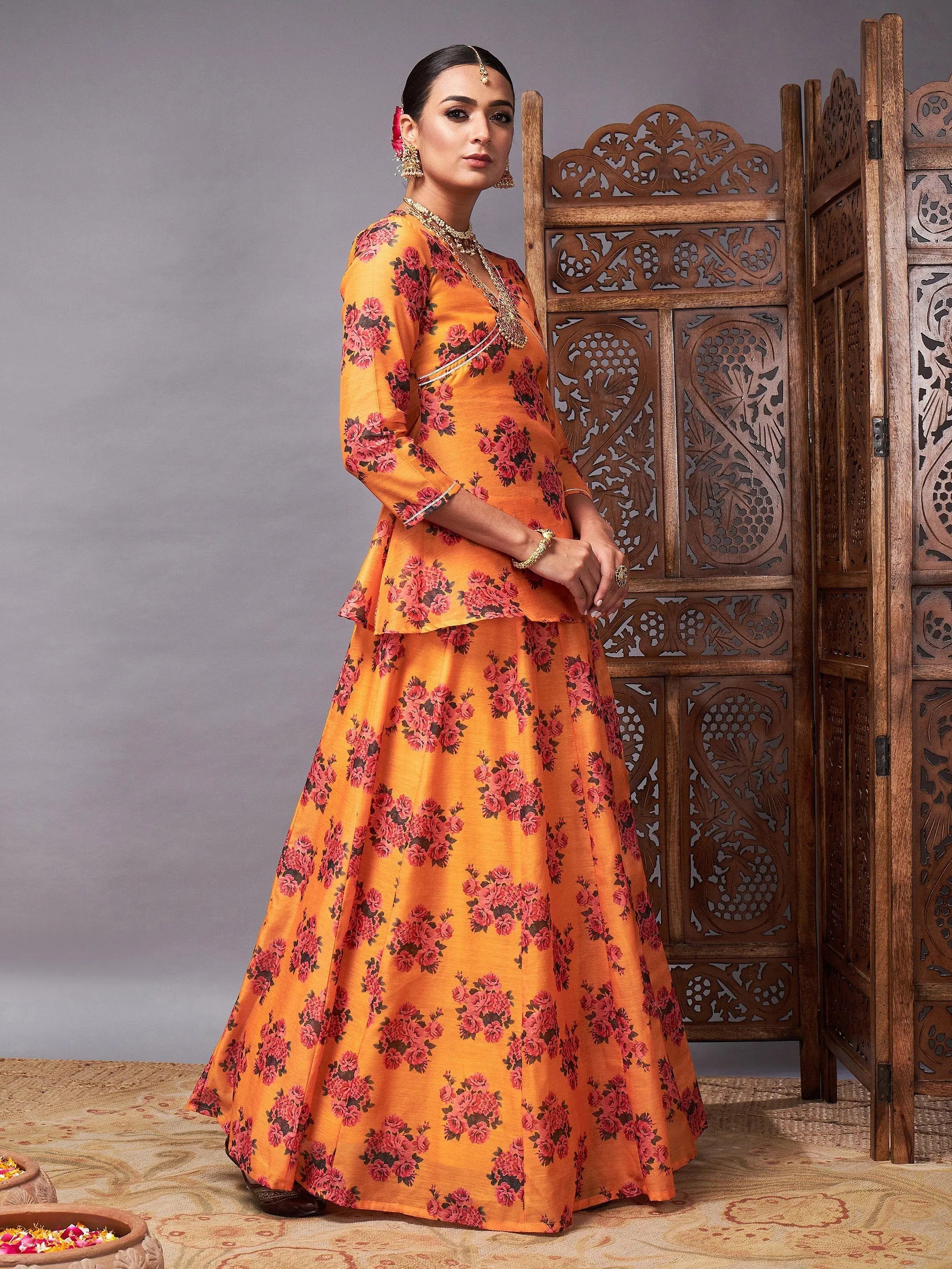 Mustard Floral Peplum & Anarkali Skirt | Women's Ethnic Lehenga