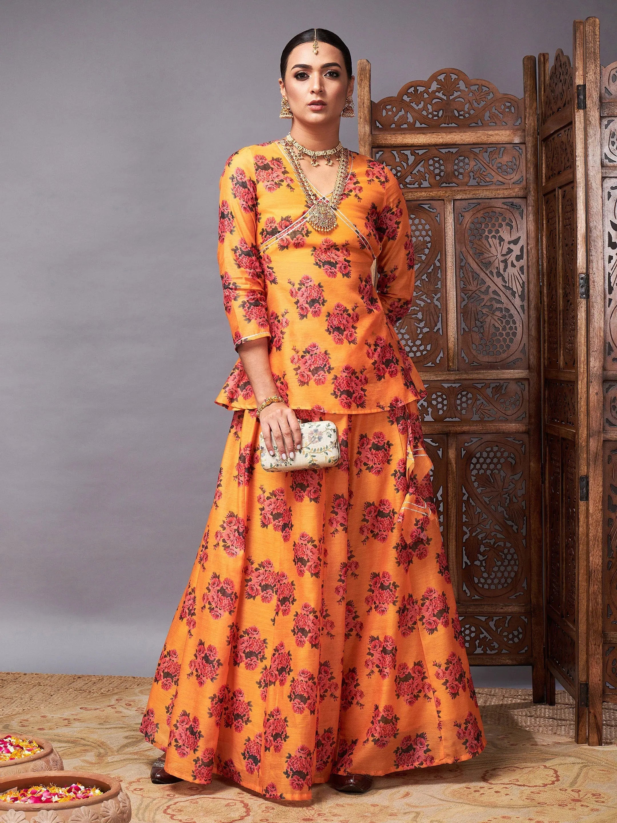 Mustard Floral Peplum & Anarkali Skirt | Women's Ethnic Lehenga