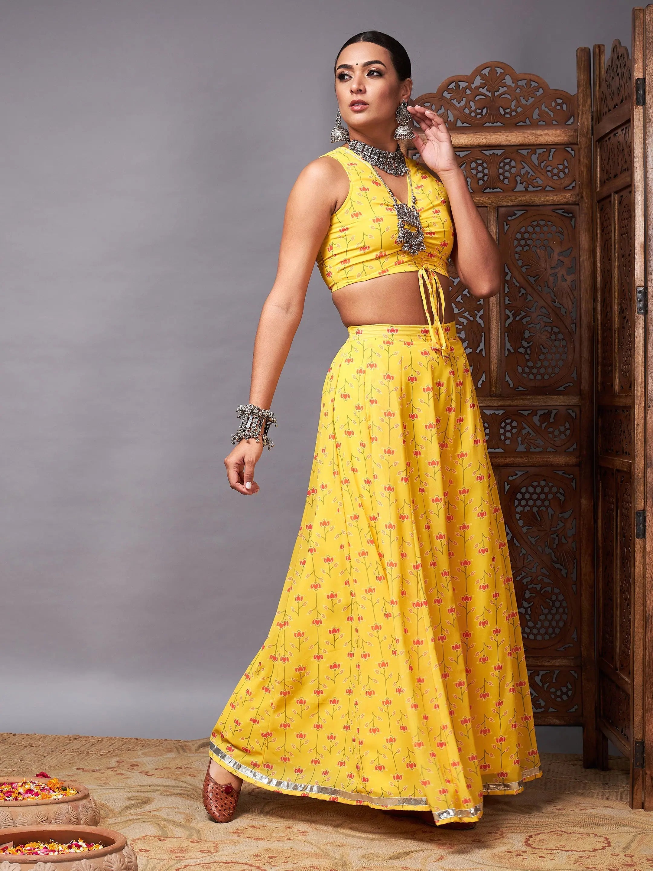 Yellow Ruched Crop Top & Anarkali Skirt | Festive Lehenga