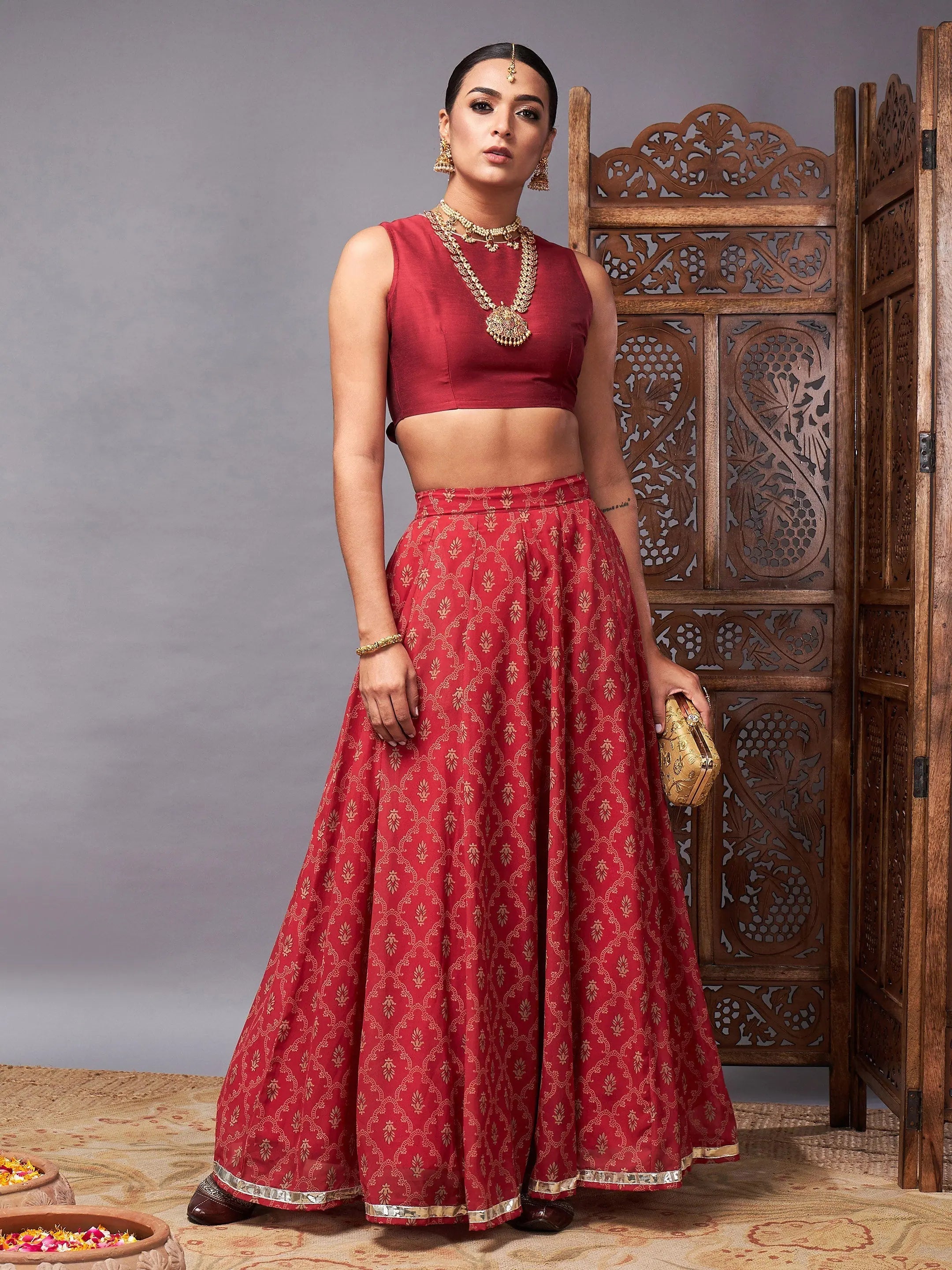 Maroon Crop Top & Anarkali Skirt | Women's Lehenga Choli