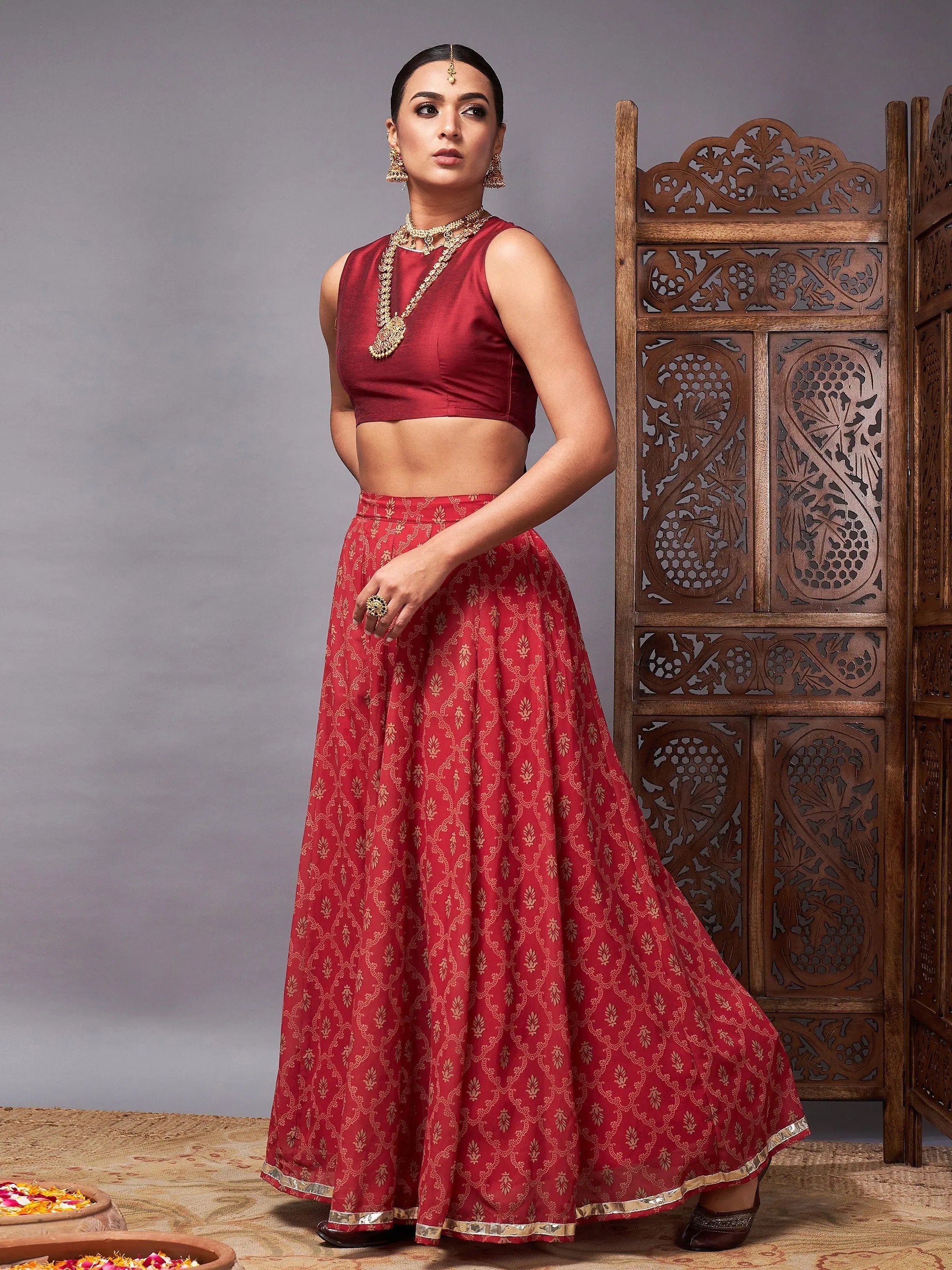 Maroon Crop Top & Anarkali Skirt | Women's Lehenga Choli