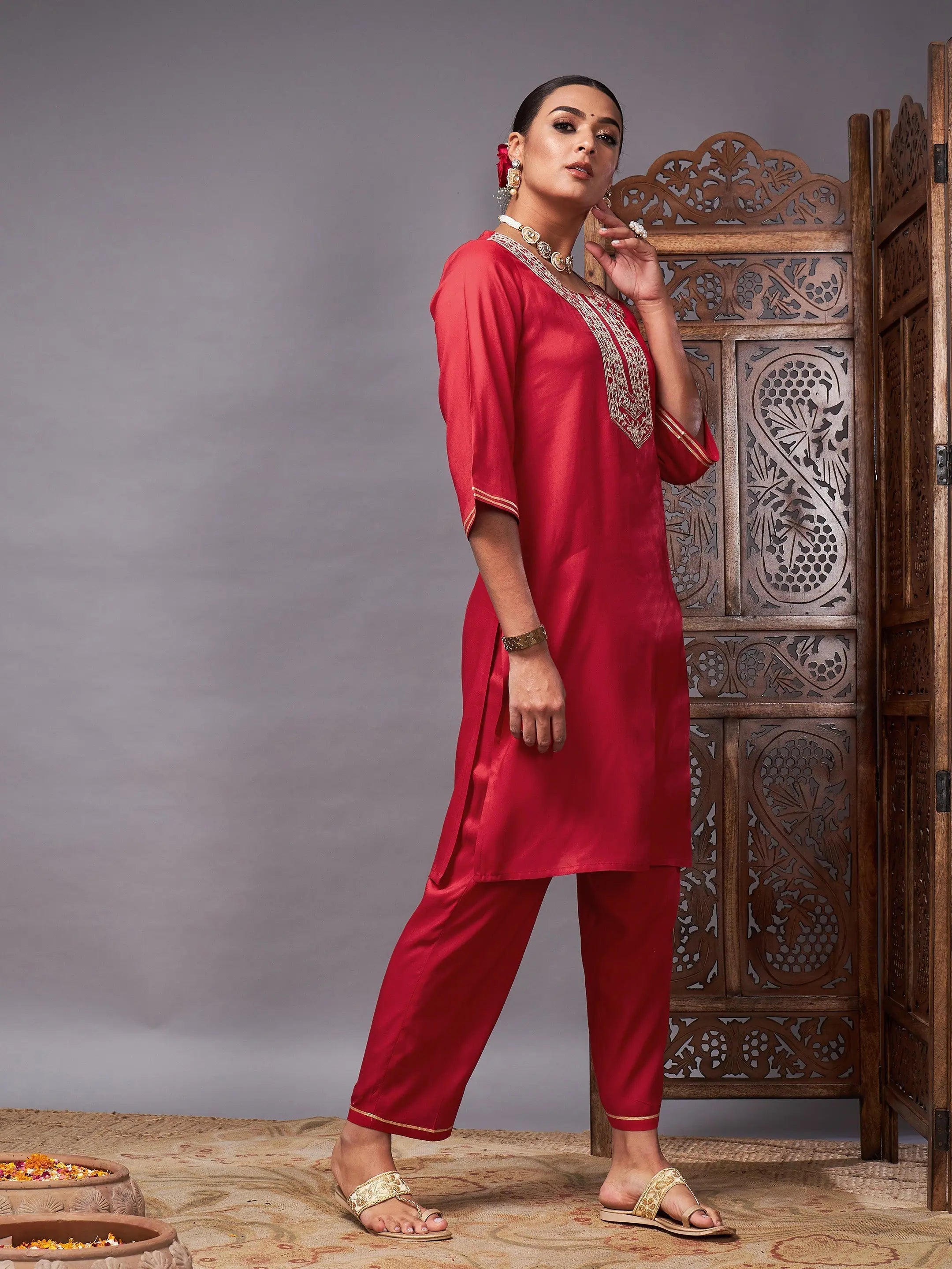 Red Embroidered Kurta Set - Women's Designer Kurta Sets