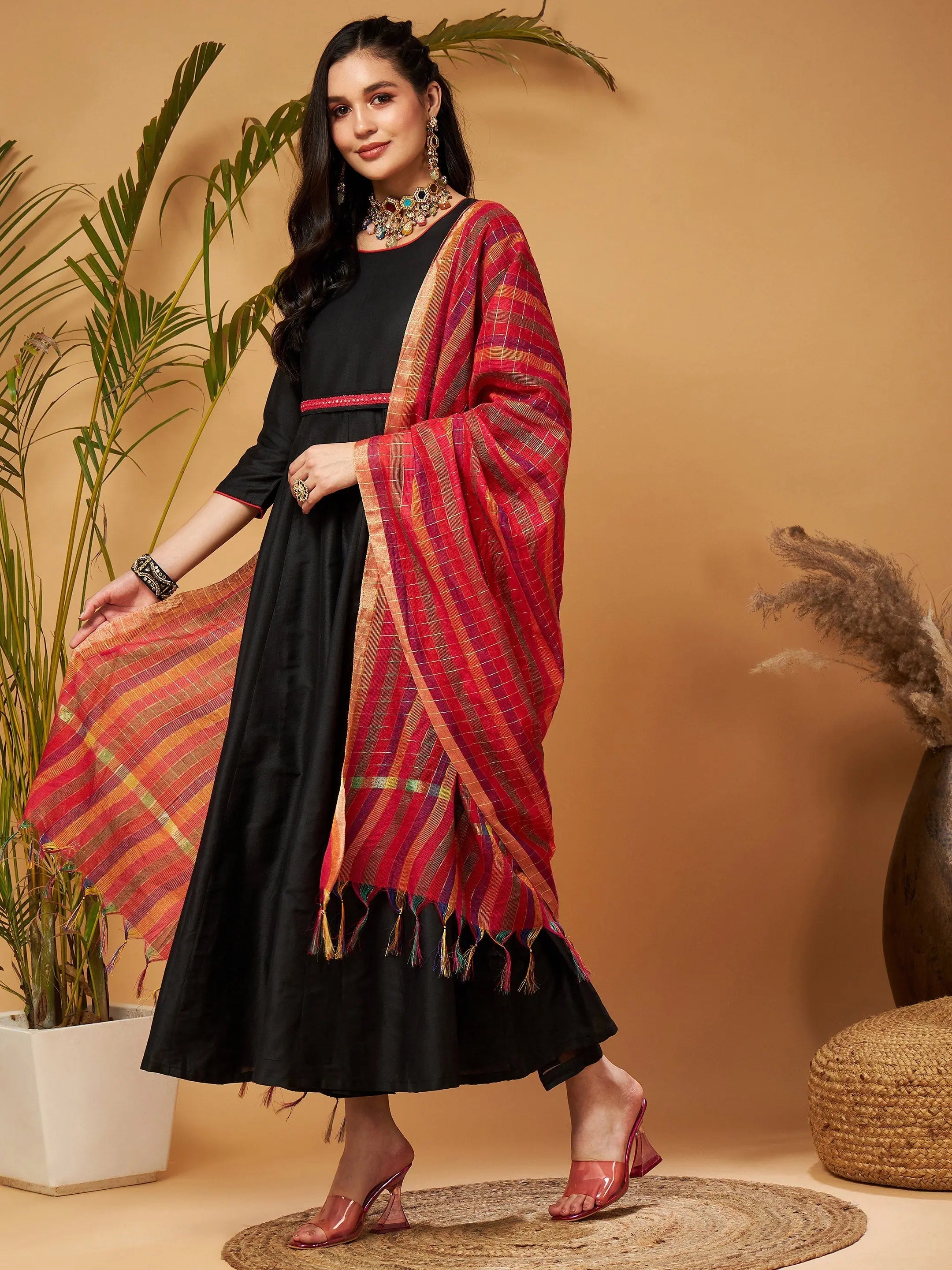 Black Anarkali Kurti Set - Red Striped Dupatta Anarkali Suits