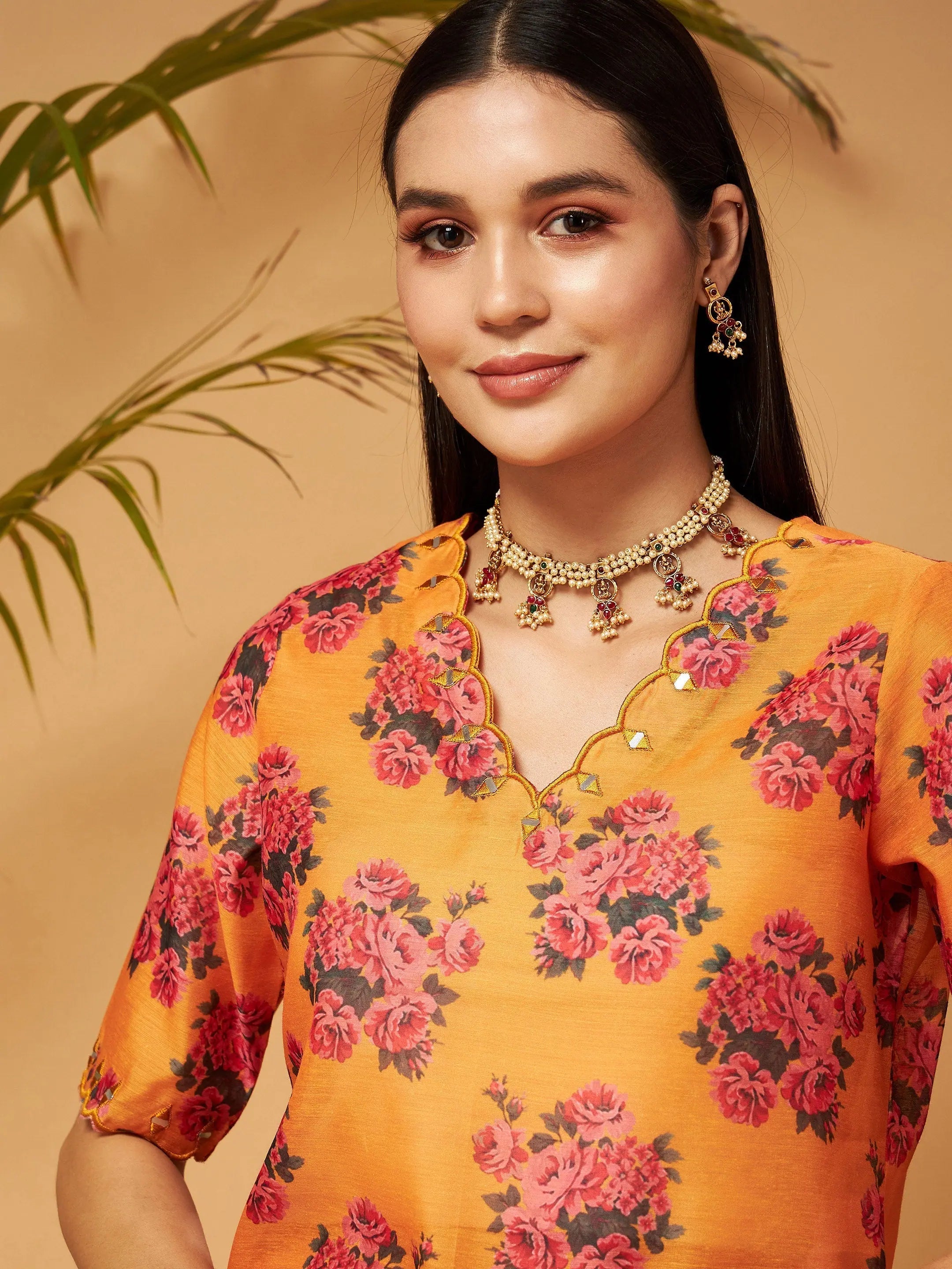 Mustard Floral Kurta and Palazzo Set | Women's Palazzo Pants Set
