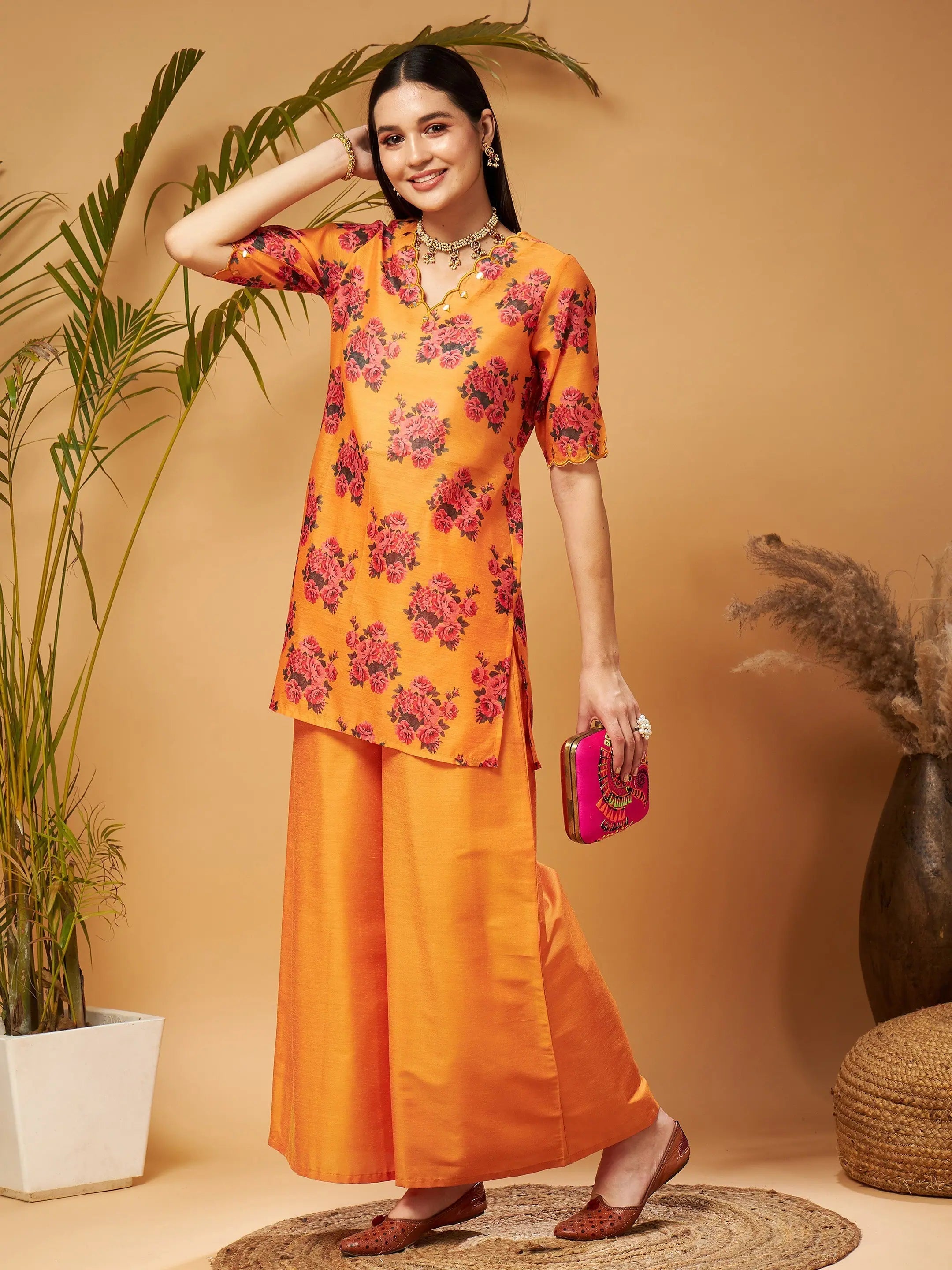Mustard Floral Kurta and Palazzo Set | Women's Palazzo Pants Set