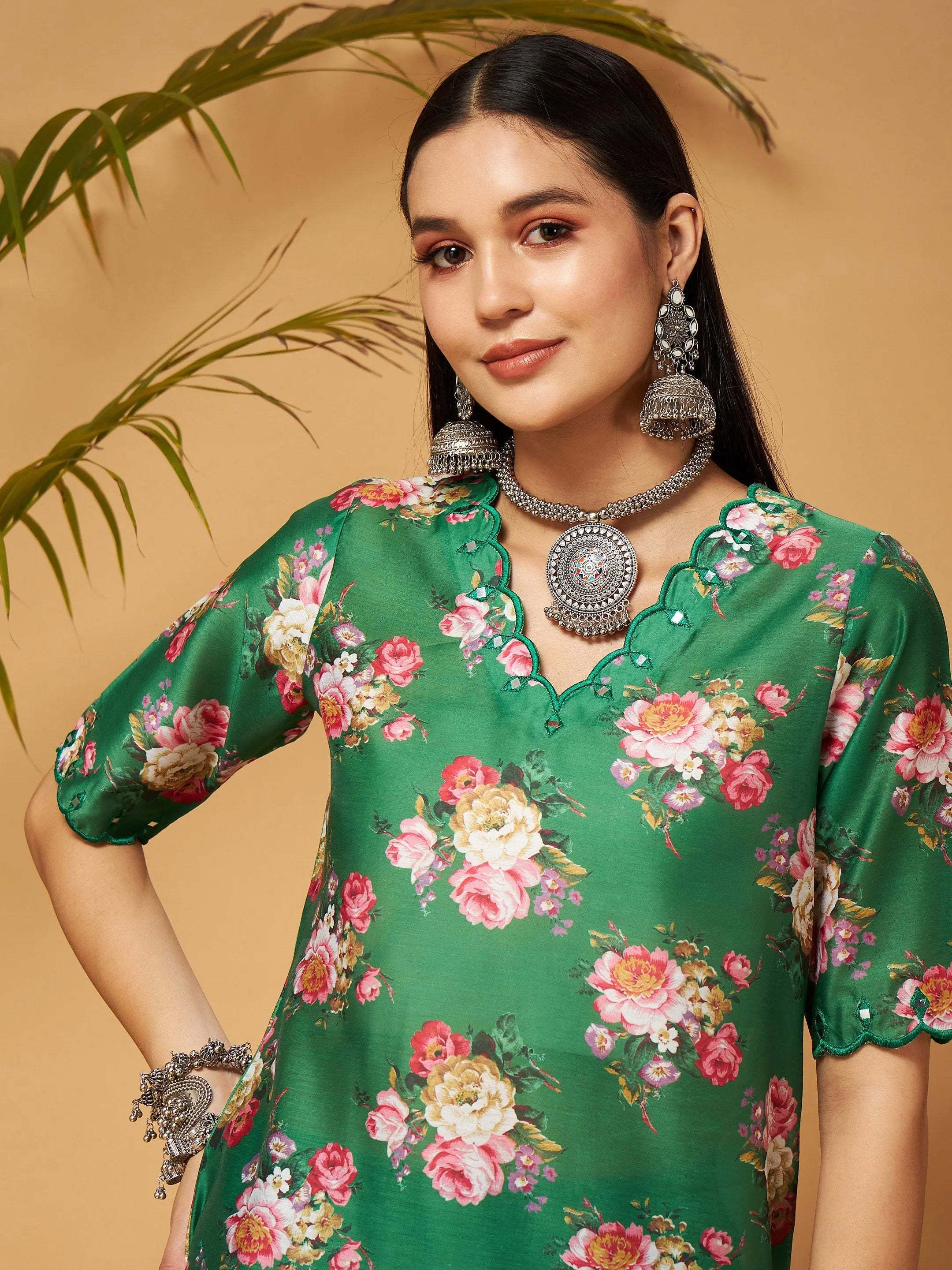 Green Floral Kurta Palazzo Set | Women's Embroidered Palazzo Set