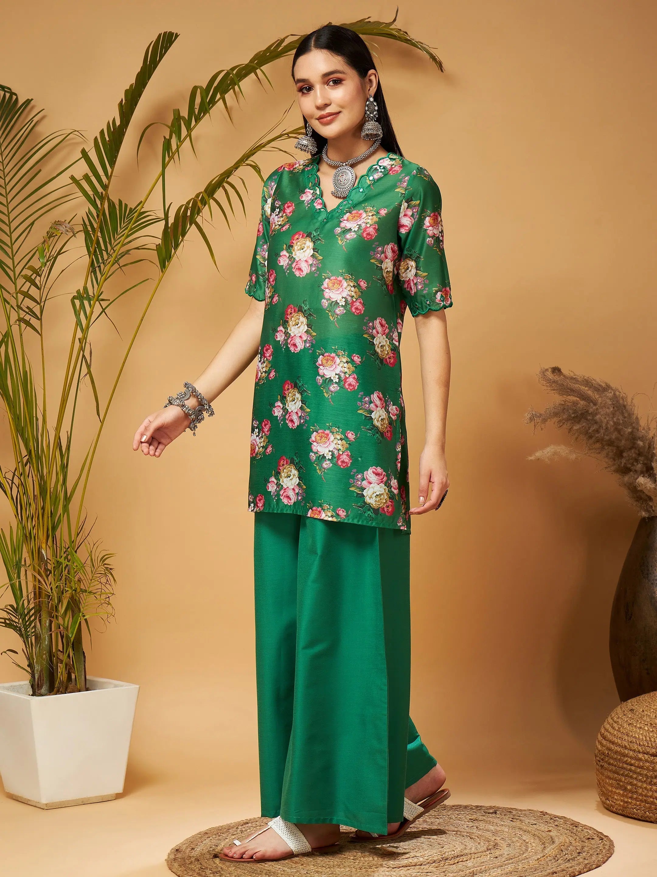 Green Floral Kurta Palazzo Set | Women's Embroidered Palazzo Set