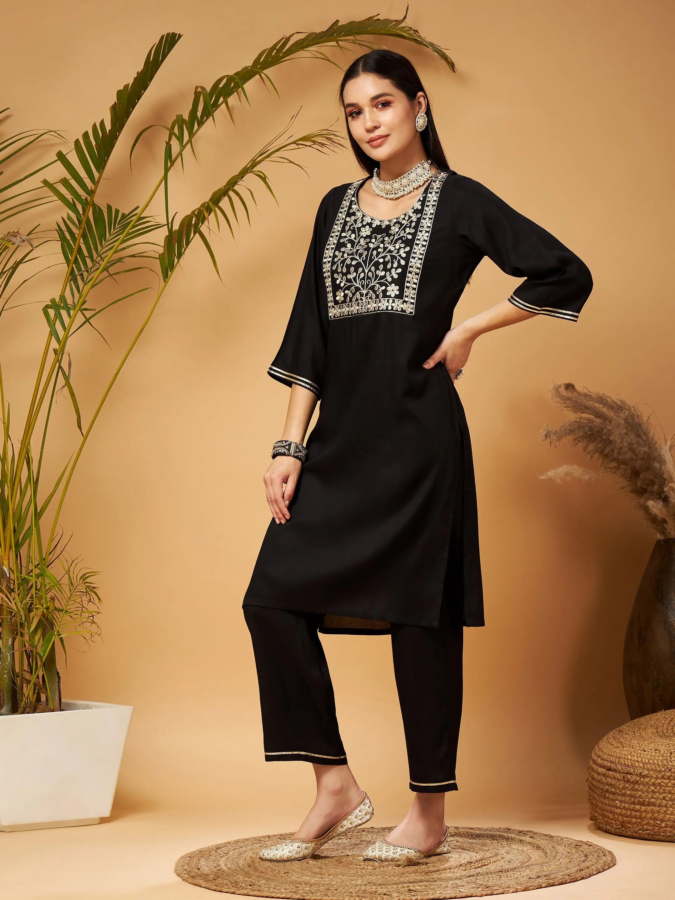 Black Embroidered Kurta Set - Women's Indian Kurta Sets Online