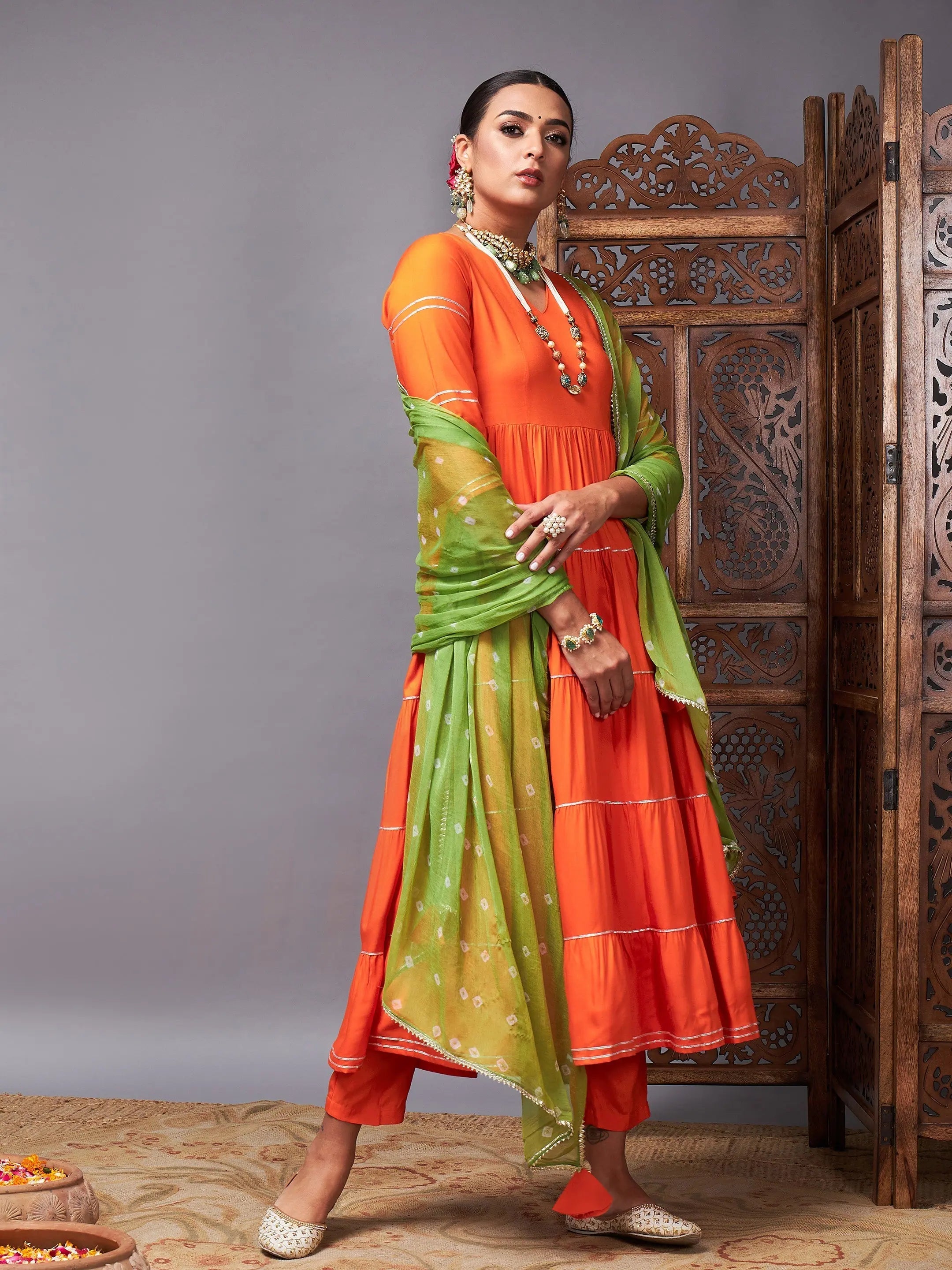 Orange Tiered Kurta Set with Bandhej Dupatta | Women's Kurtas