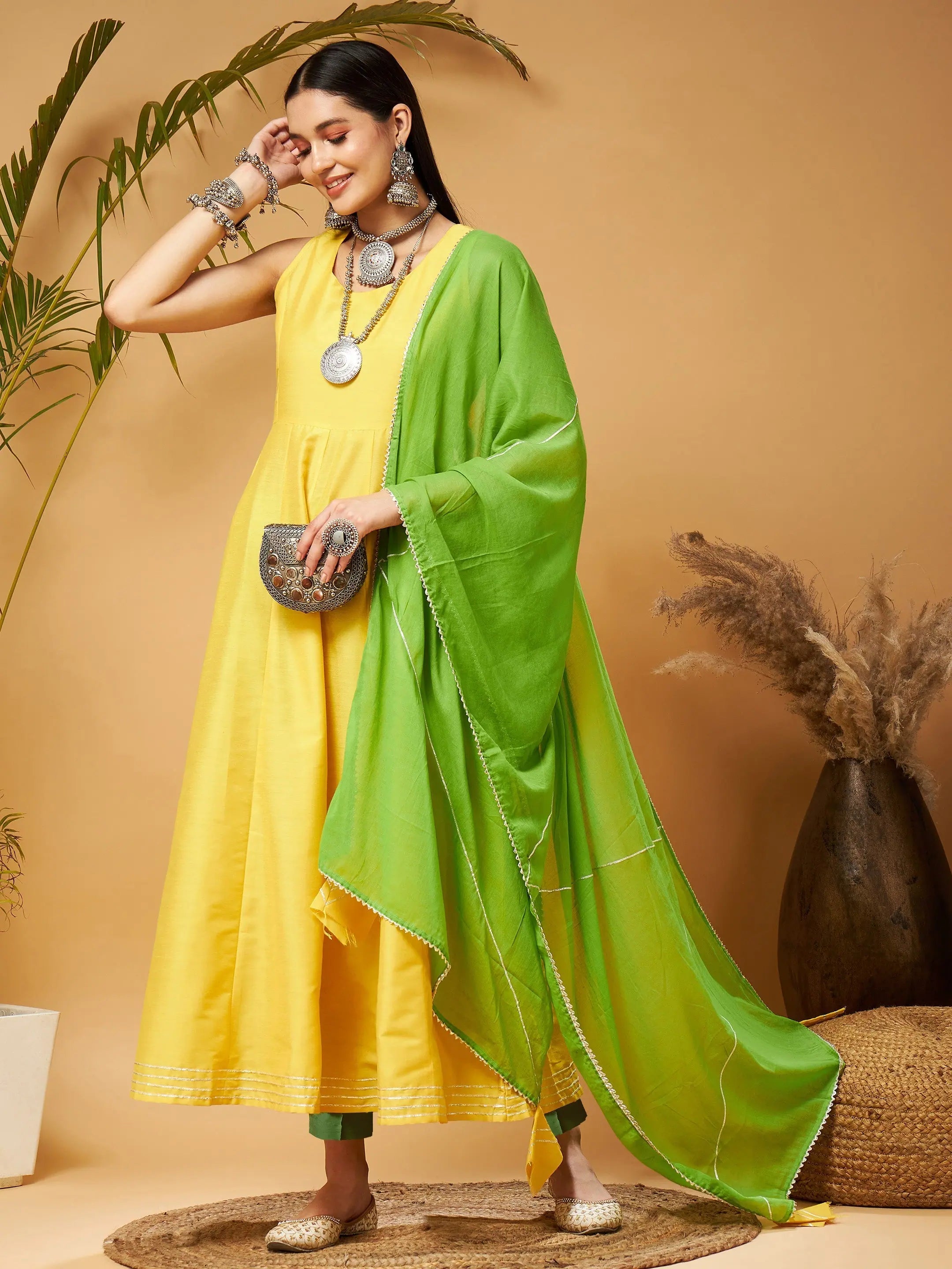 Yellow & Green Anarkali Kurta Set - Stylish Anarkali Suits Online