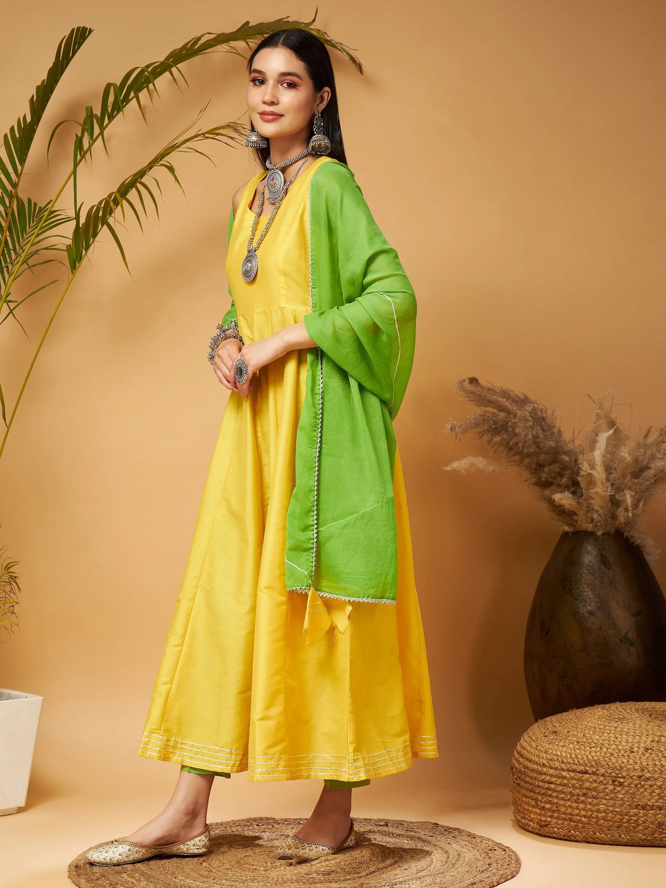Yellow & Green Anarkali Kurta Set - Stylish Anarkali Suits Online
