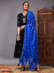 Women Black Tiered Kurta Set With Blue Bandhej Dupatta