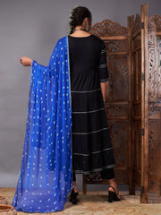 Women Black Tiered Kurta Set With Blue Bandhej Dupatta