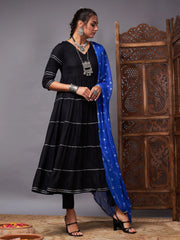 Women Black Tiered Kurta Set With Blue Bandhej Dupatta