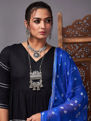 Women Black Tiered Kurta Set With Blue Bandhej Dupatta