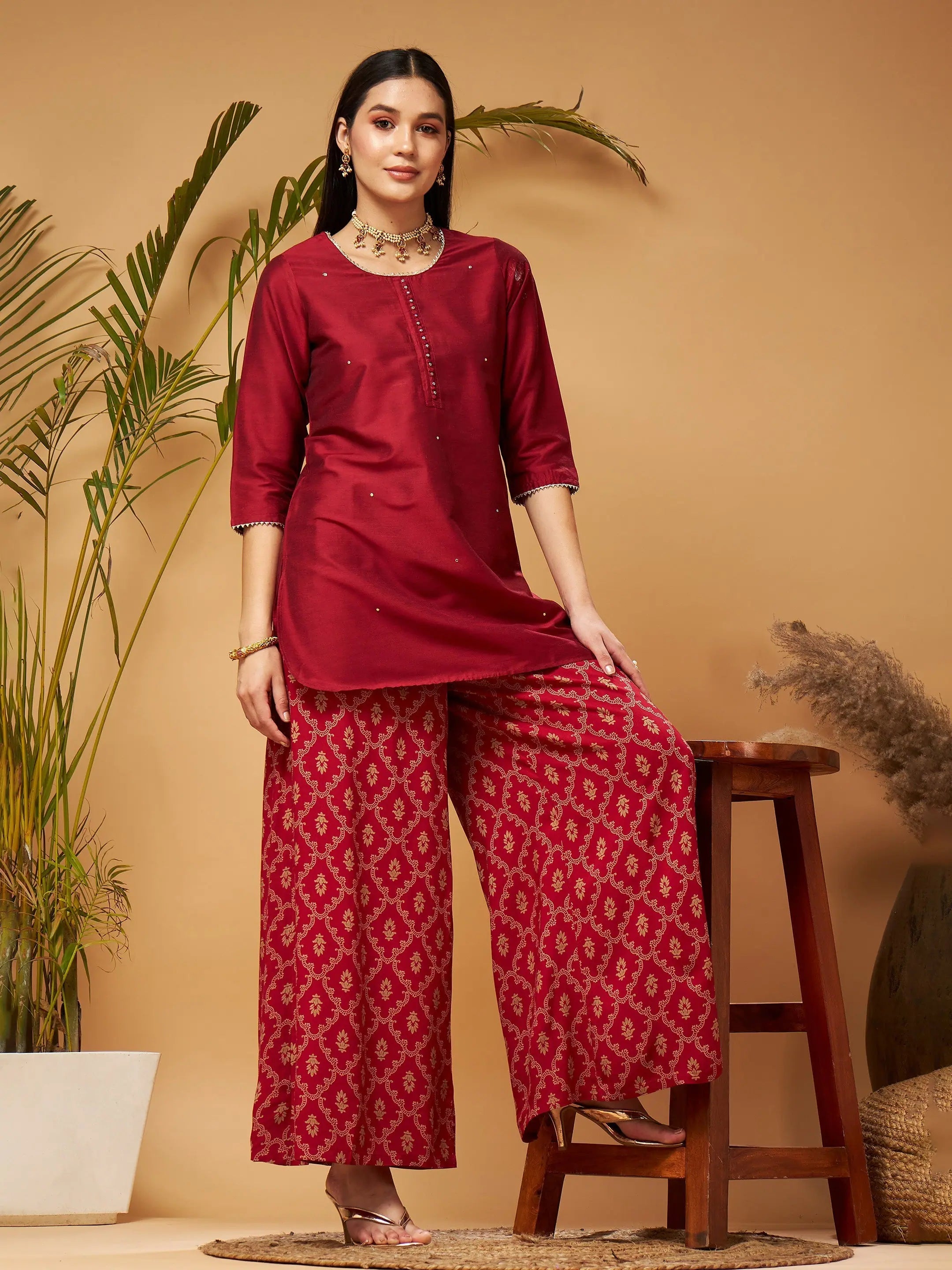 Women's Maroon Kurta Palazzo Set with Printed Flared Palazzo